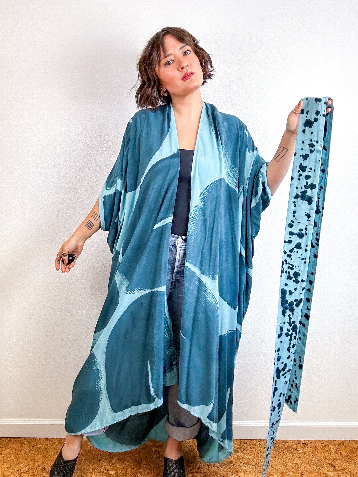 Hand-Dyed High Low Kimono Aqua Teal Arc