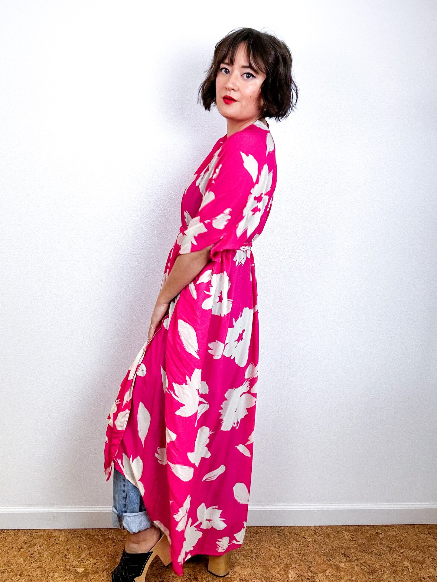 Print High Low Kimono Hot Pink Floral Crinkle Challis