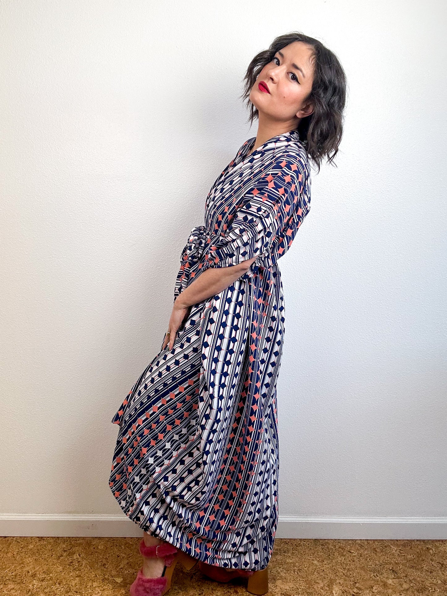 Print High Low Kimono Navy Peach Mod Circles Bubble Crepe