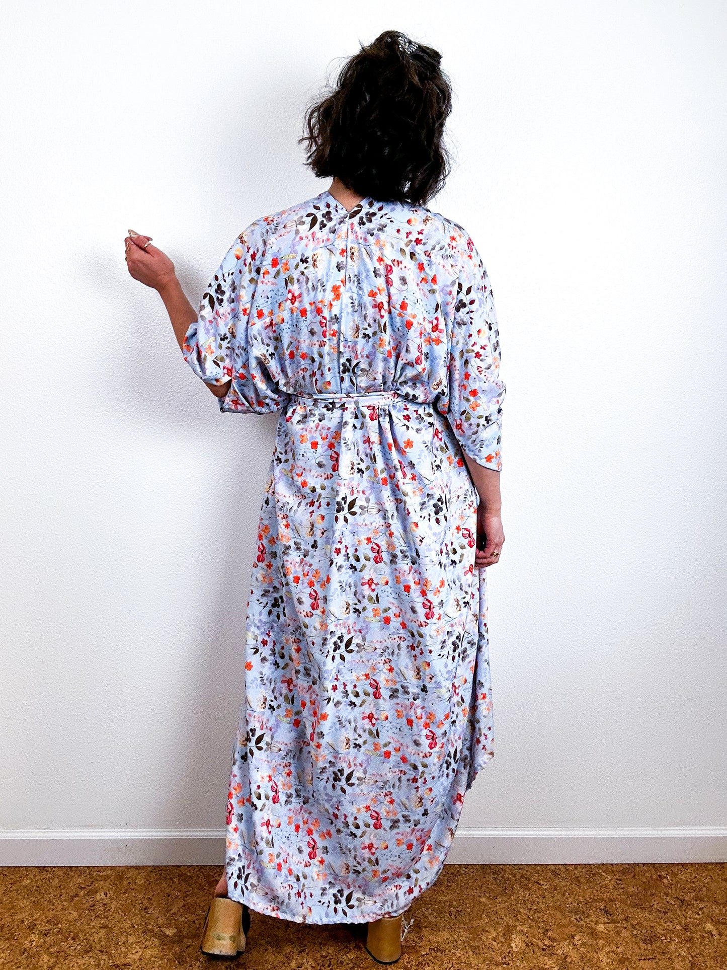 Print High Low Kimono Blue Botanical Challis