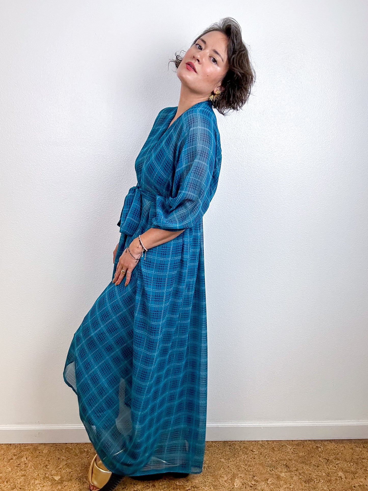 Print High Low Kimono Teal Plaid Chiffon