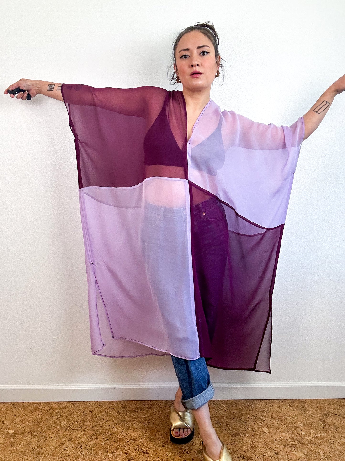 SILK Color Block Midi Caftan Dress Lavender Maroon