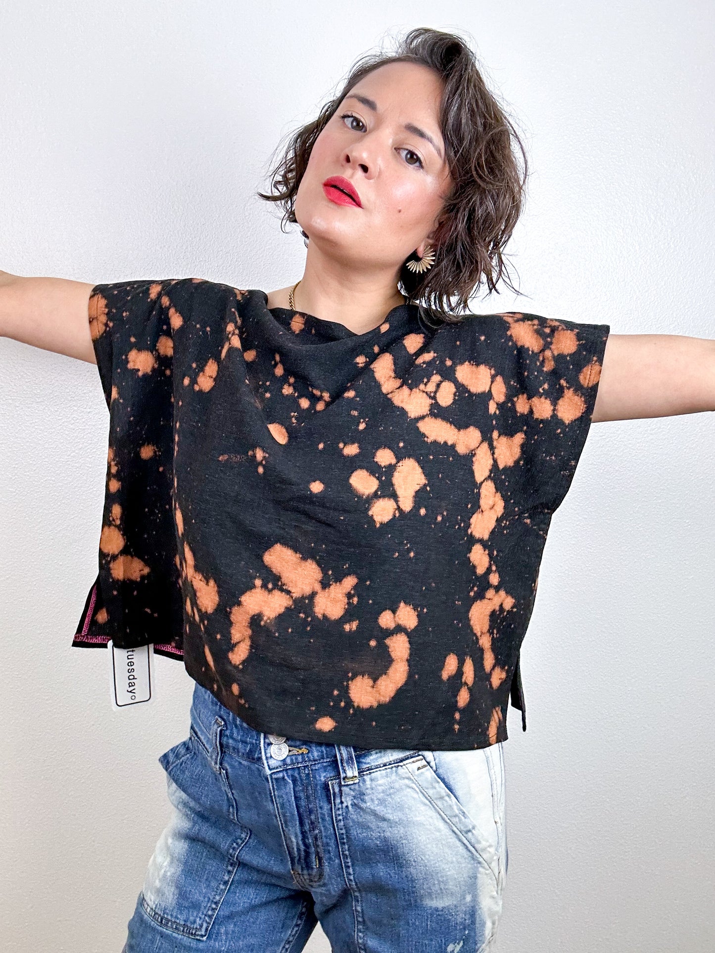 Hand-Dyed Linen Blend Crop Bleach Speckle Black Rust