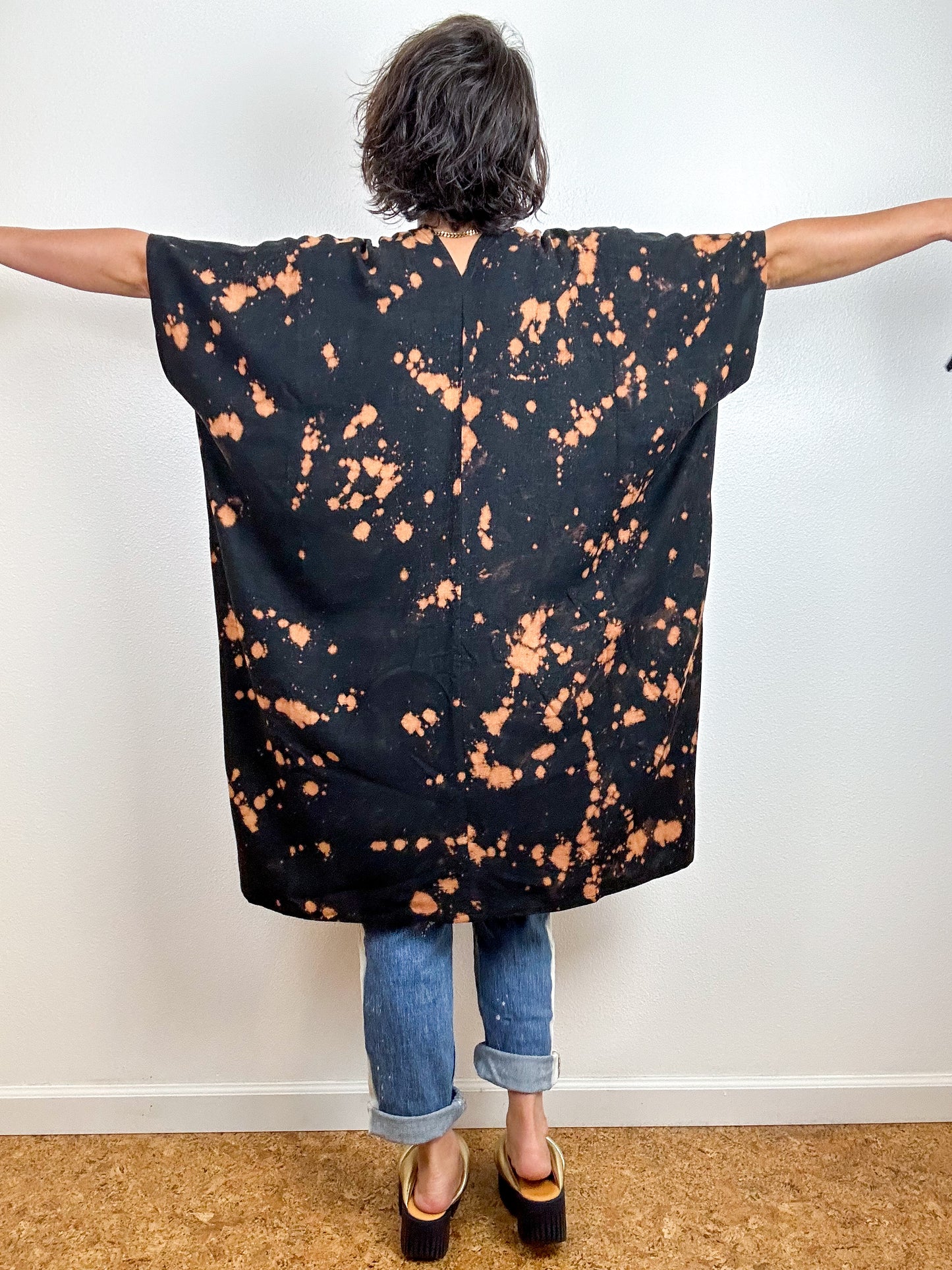 Oversized Hand-Dyed Linen Blend Smock Dress Black Bleach Speckle
