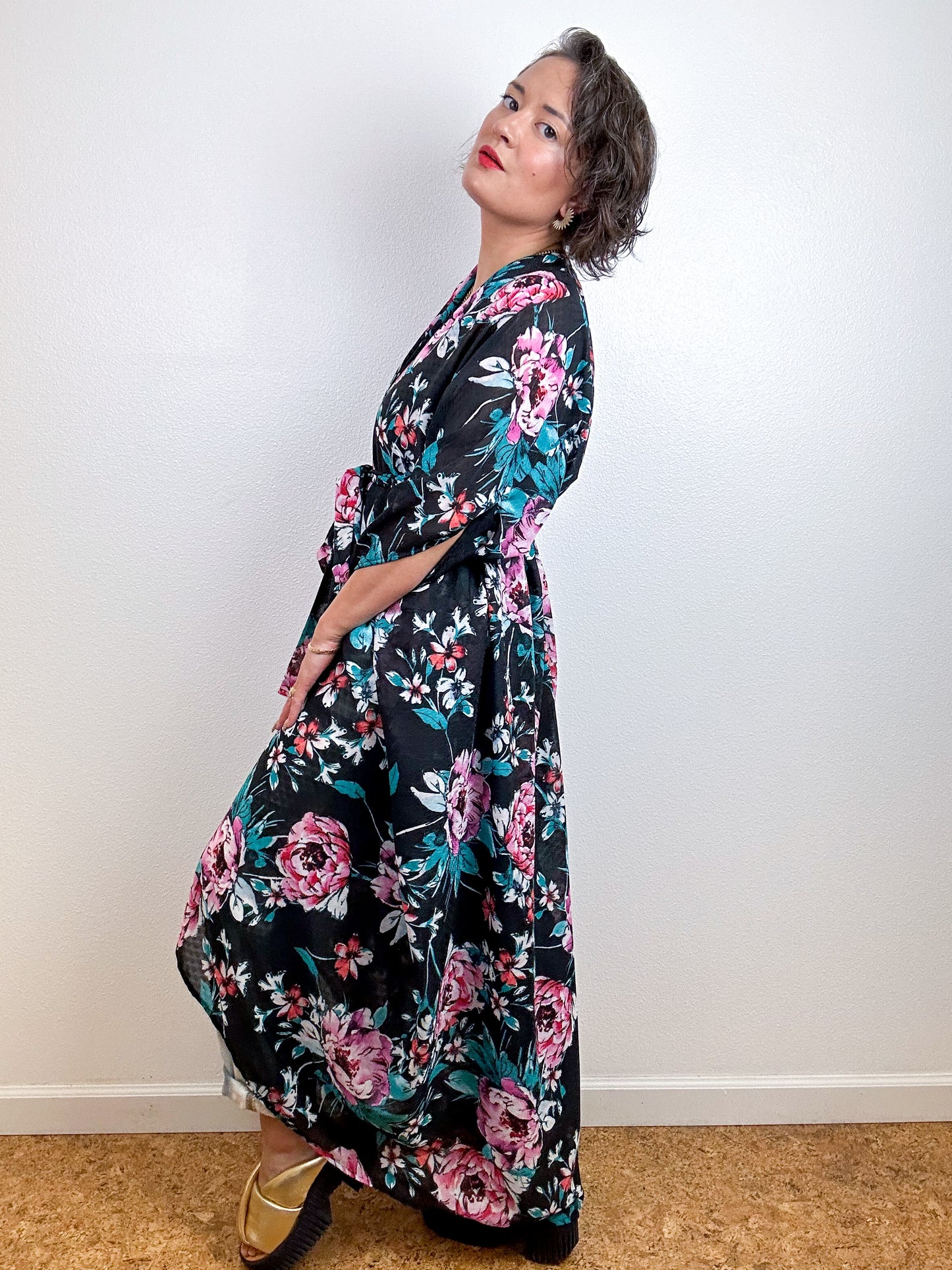 Print High Low Kimono Black Pink Floral Chiffon