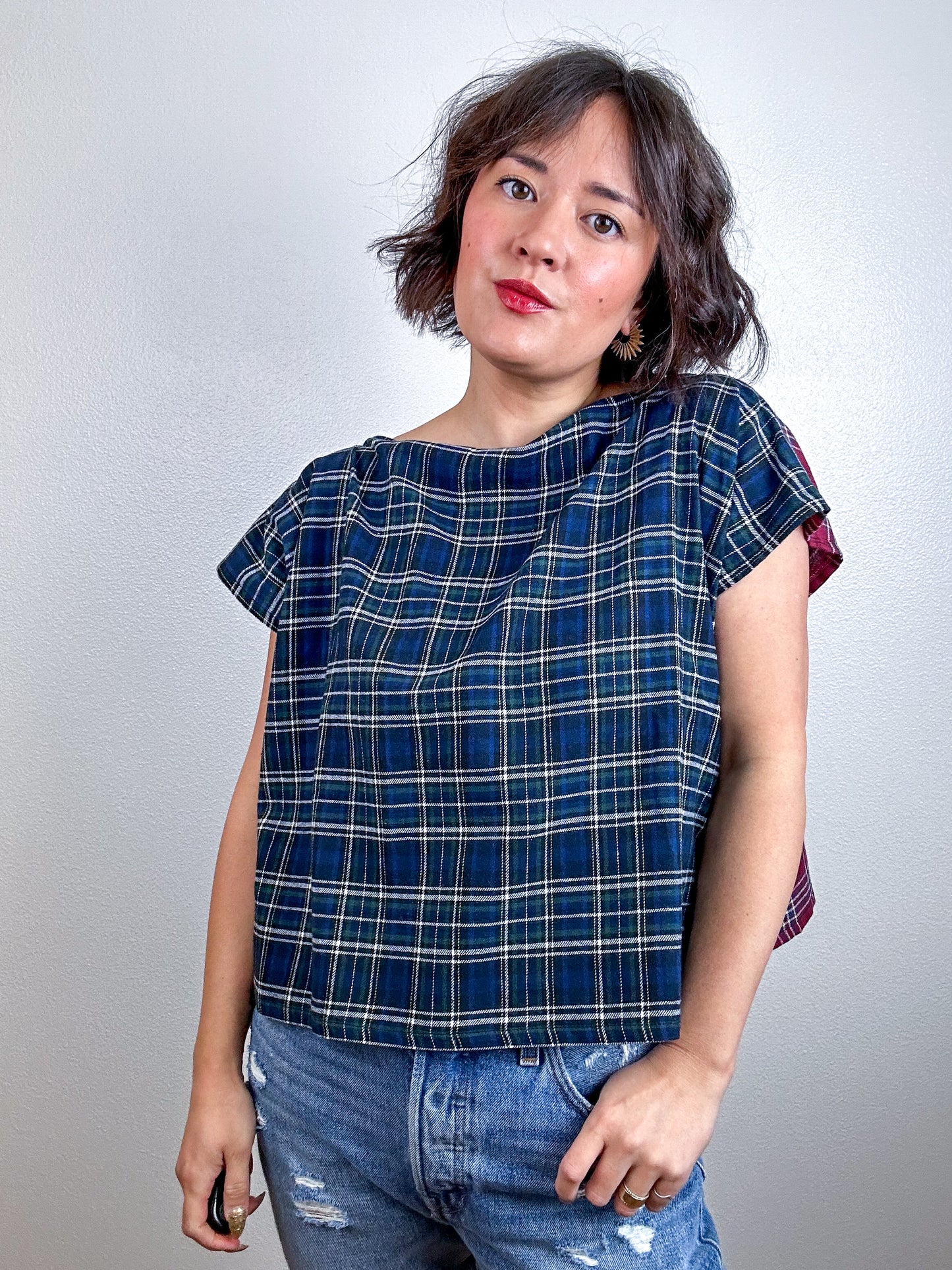 Flip Crop Plaid Flannel Maroon Navy
