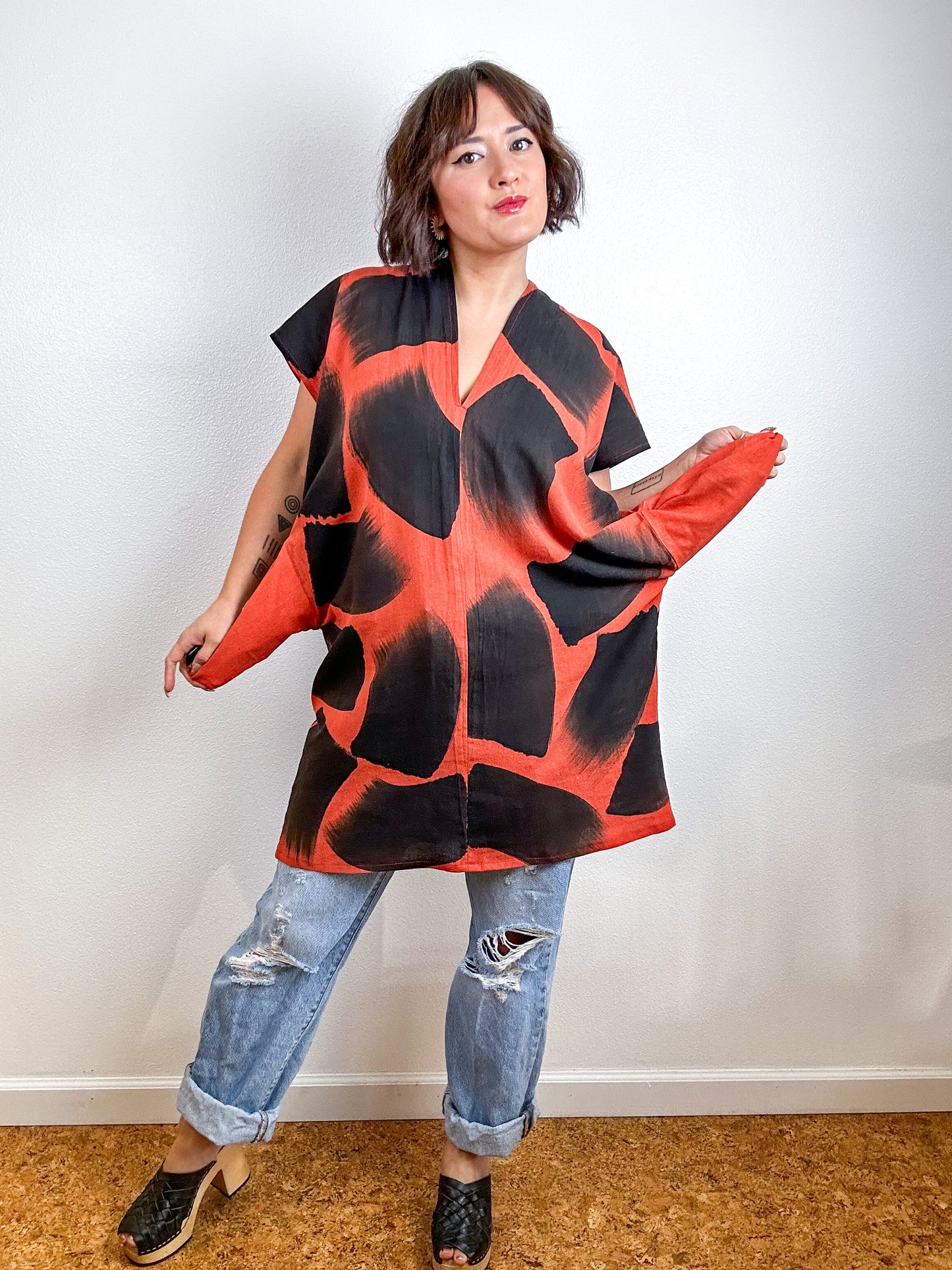 Hand-Dyed Mini Smock Dress Rust Black Brush