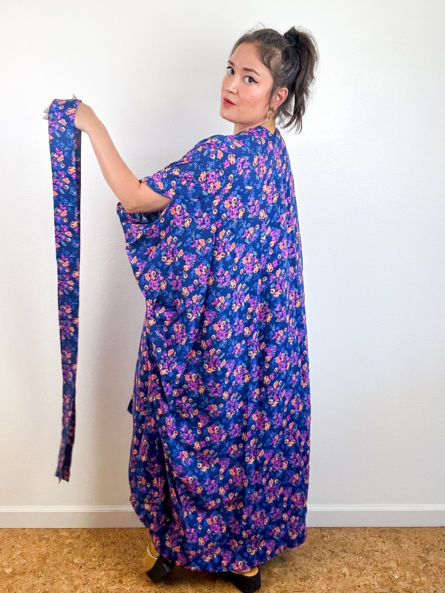 Print High Low Kimono Blue Magenta Floral Challis