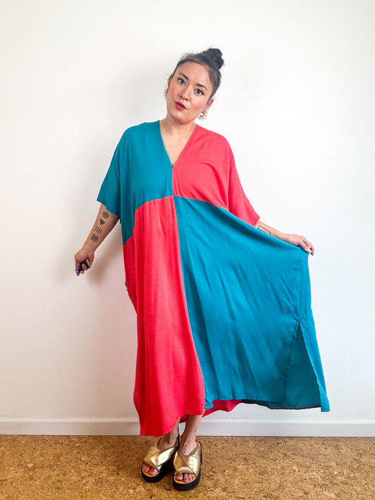 Color Block Midi Caftan Dress Scarlet Turquoise