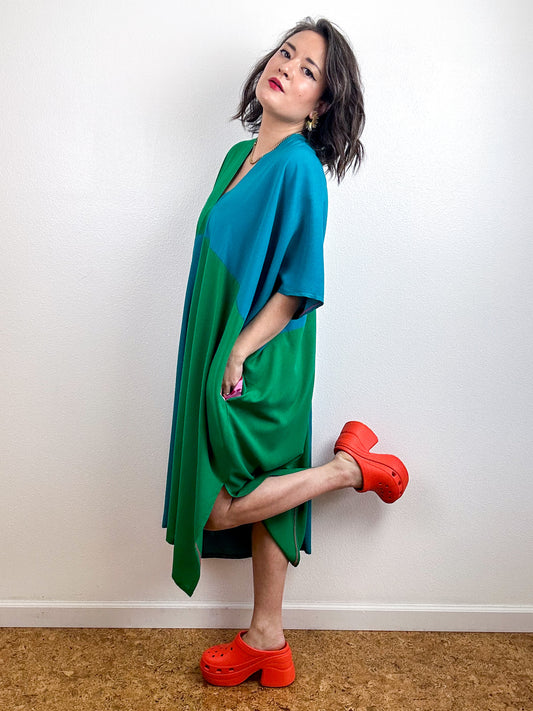 Color Block Midi Caftan Dress Green Teal
