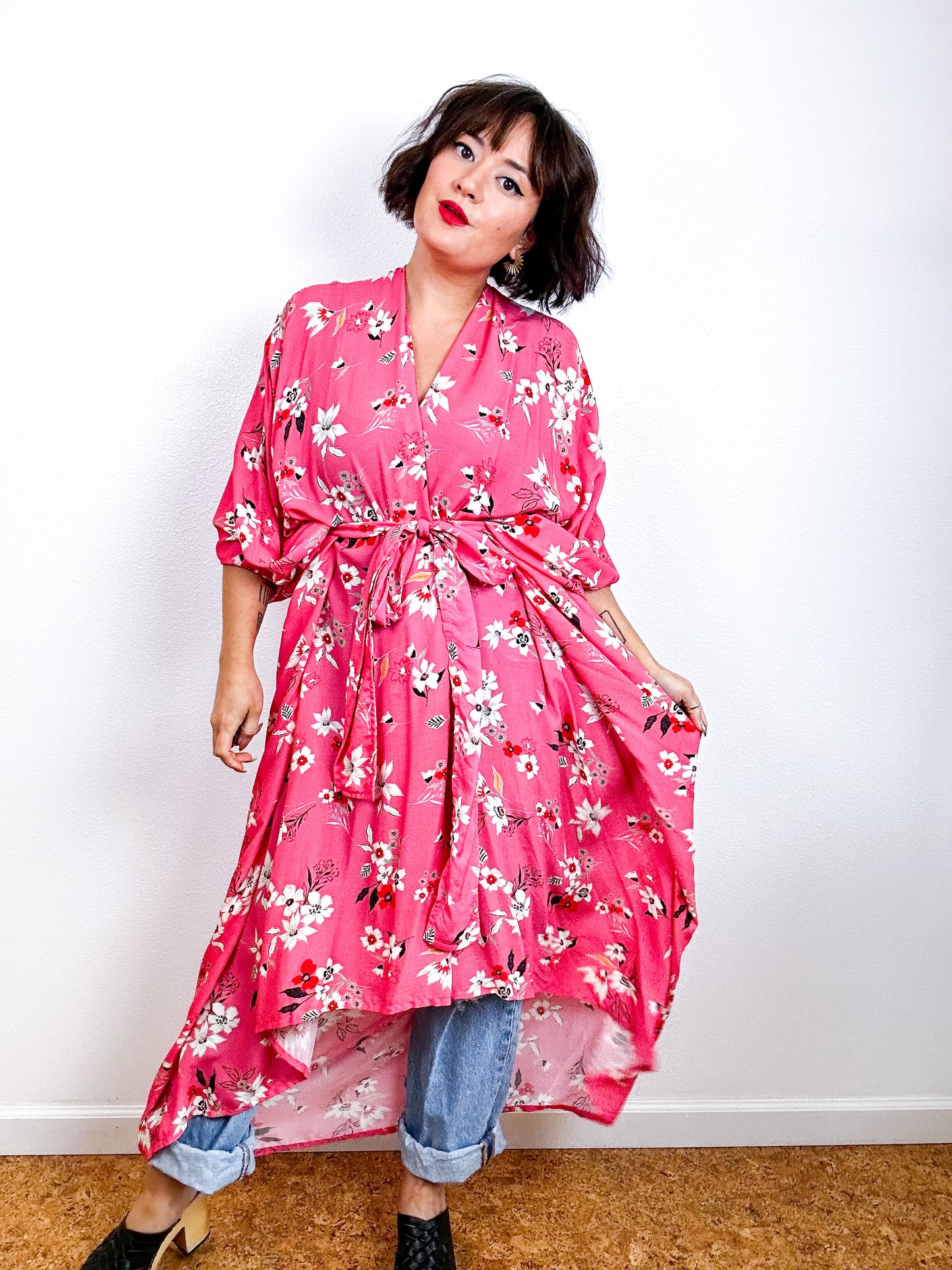 Print High Low Kimono Coral Floral Challis