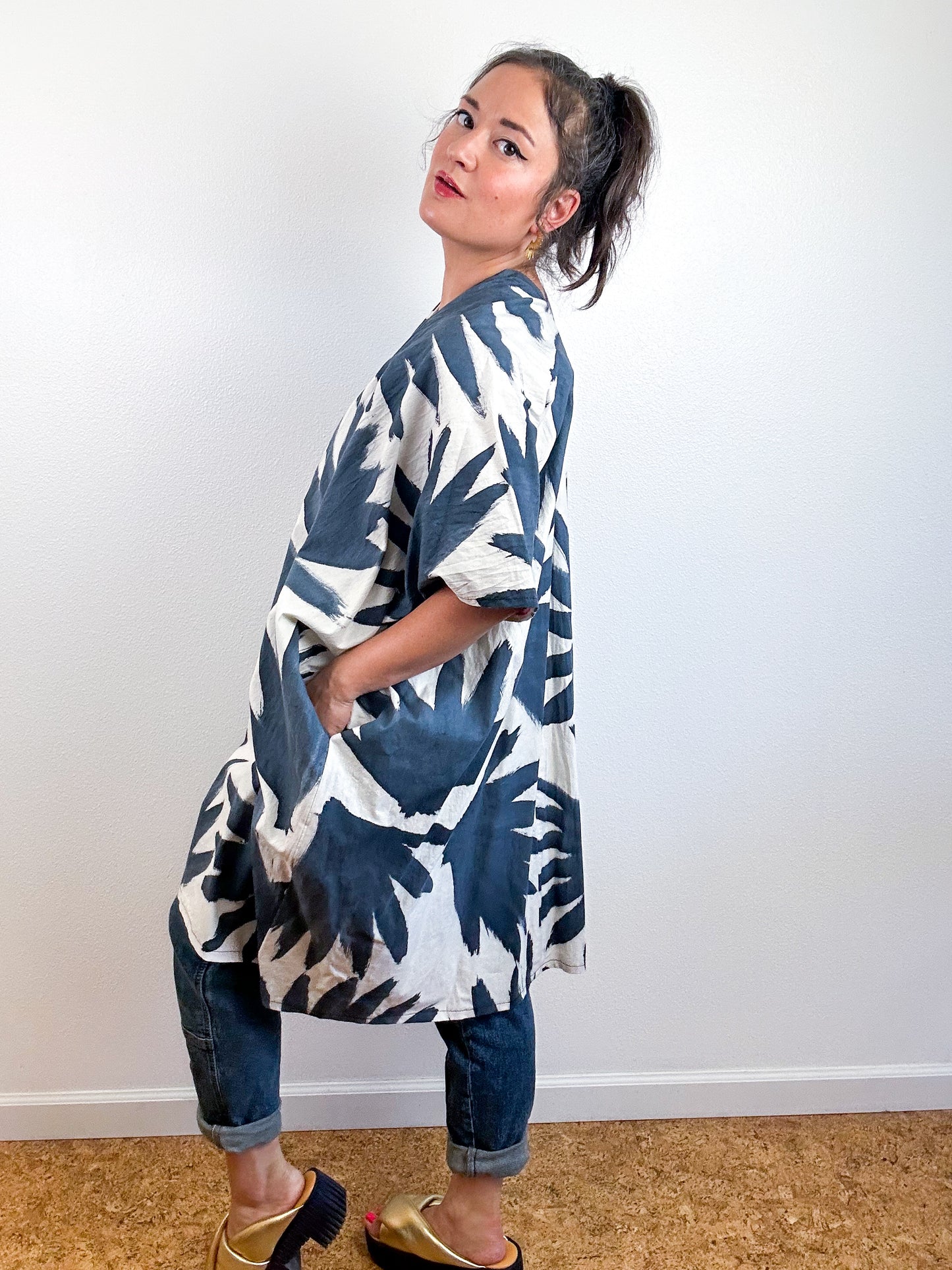 Hand-Dyed Knee Caftan Dress Ivory Black Palms