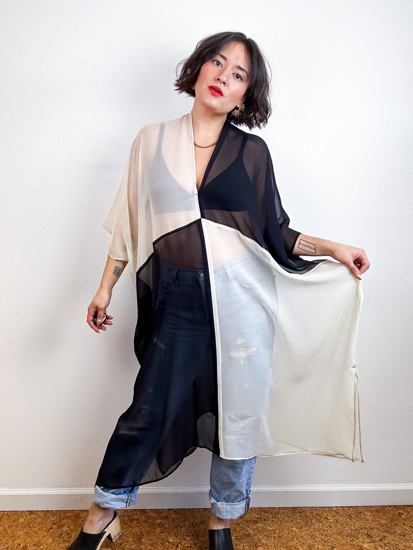 SILK Color Block Midi Caftan Dress Ivory Black