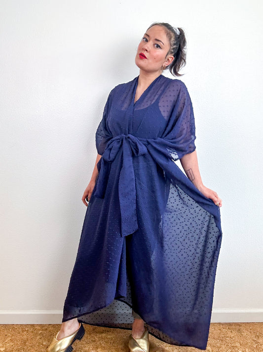 Print High Low Kimono Navy Swiss Dot Chiffon