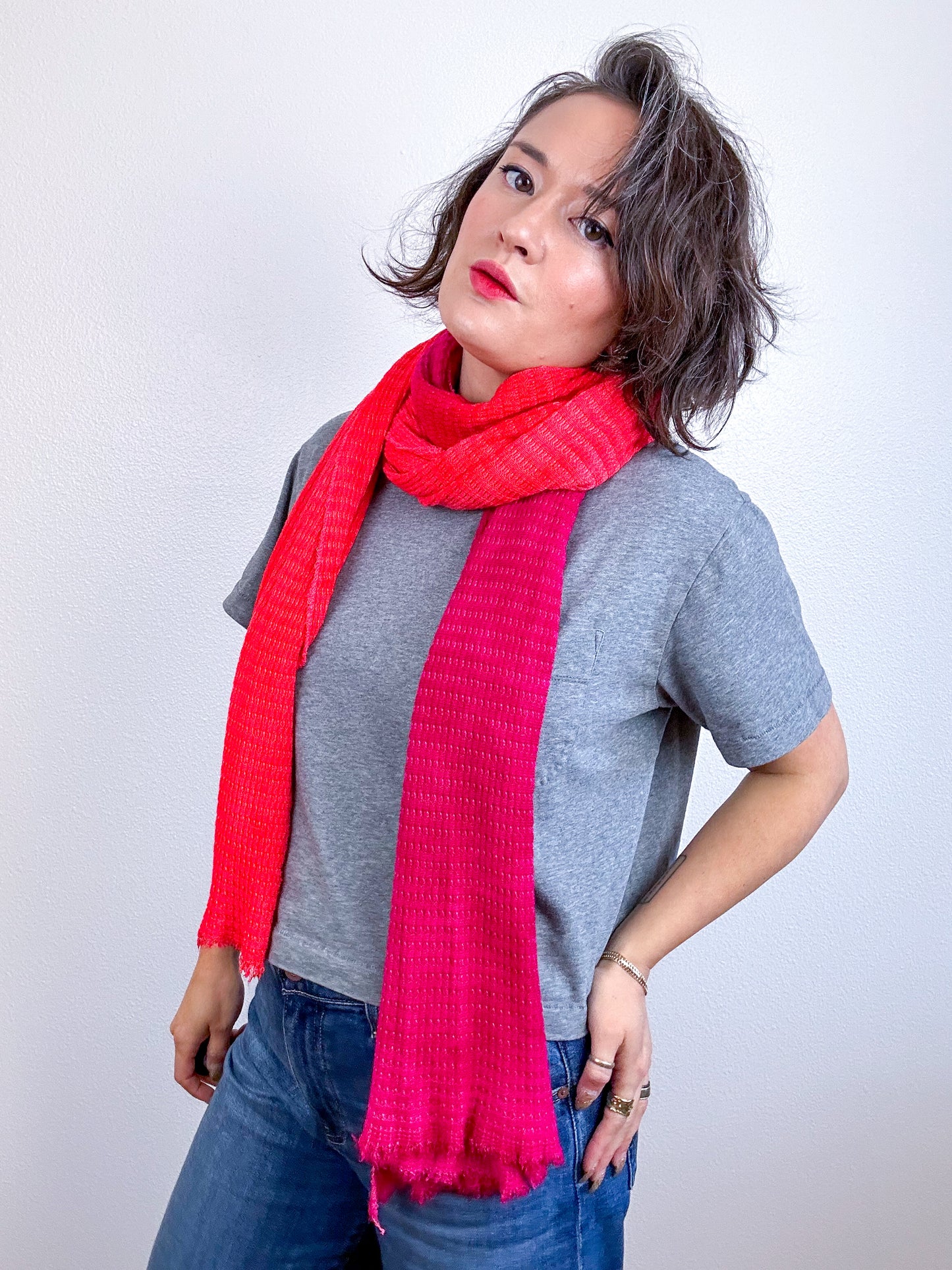Hand-Dyed Two Tone Knit Scarf Fuchsia Scarlet