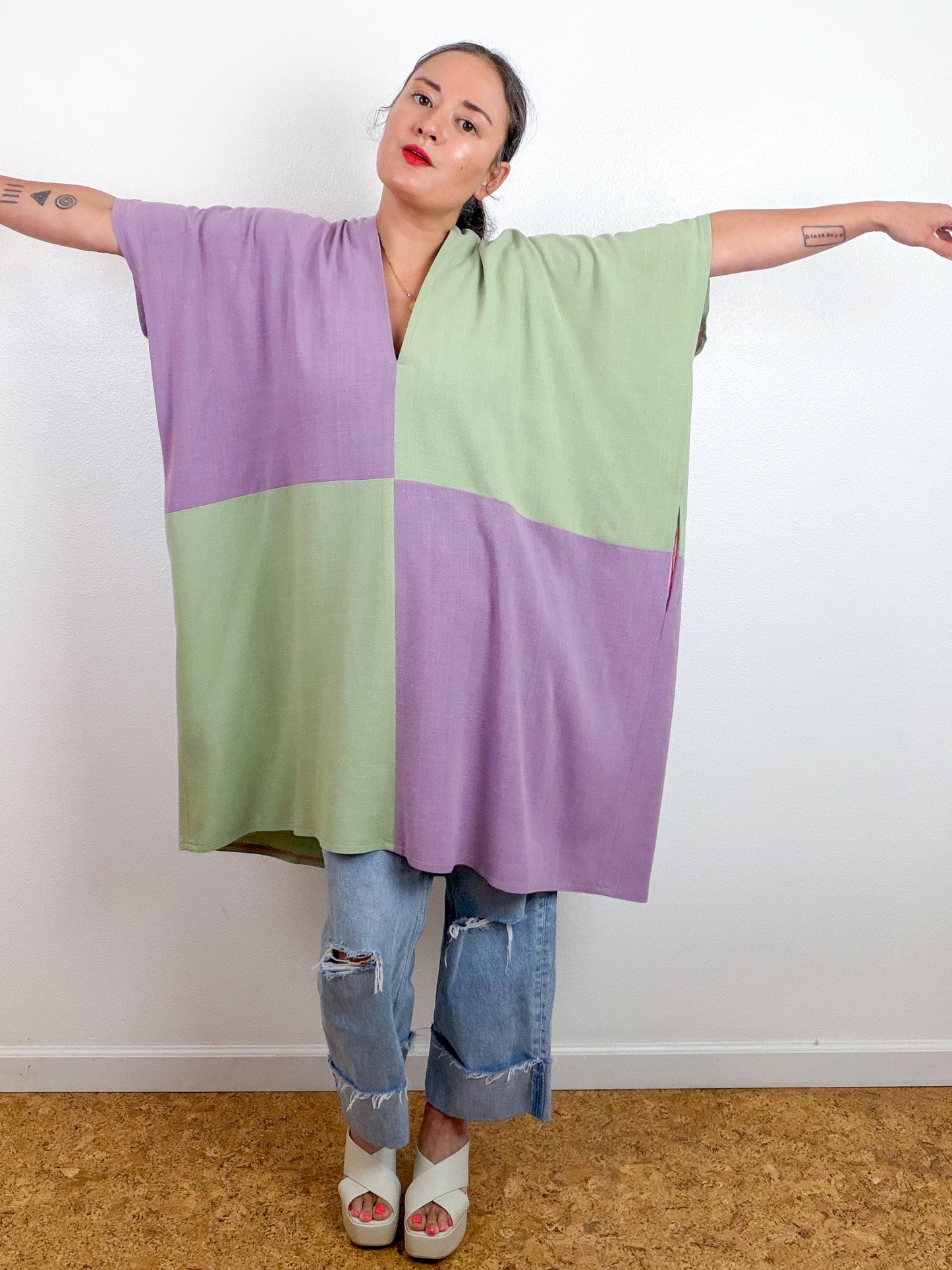 Linen Blend Caftan Dress Lavender Sage Color Block