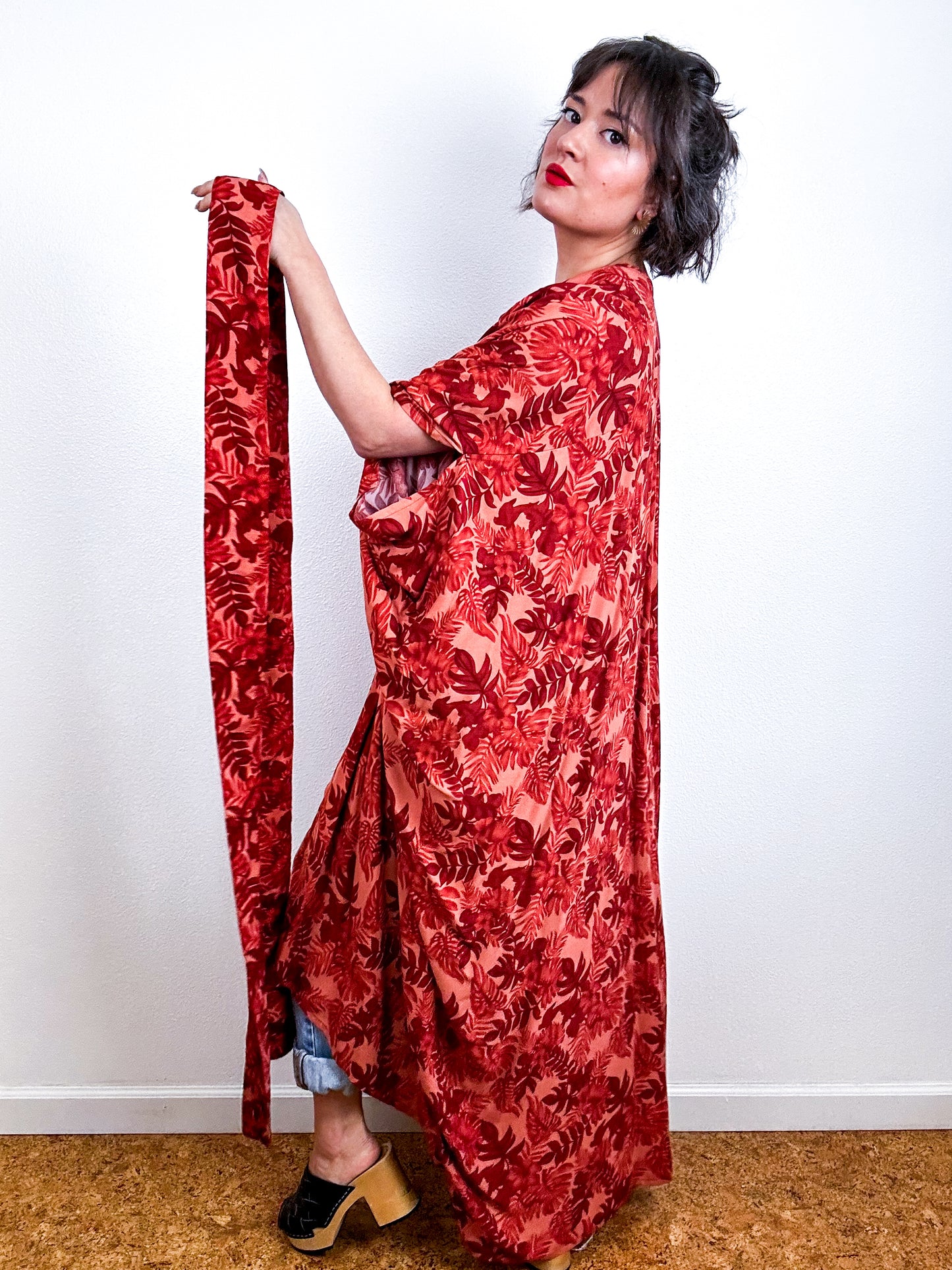 Print High Low Kimono Rust Leaves Challis