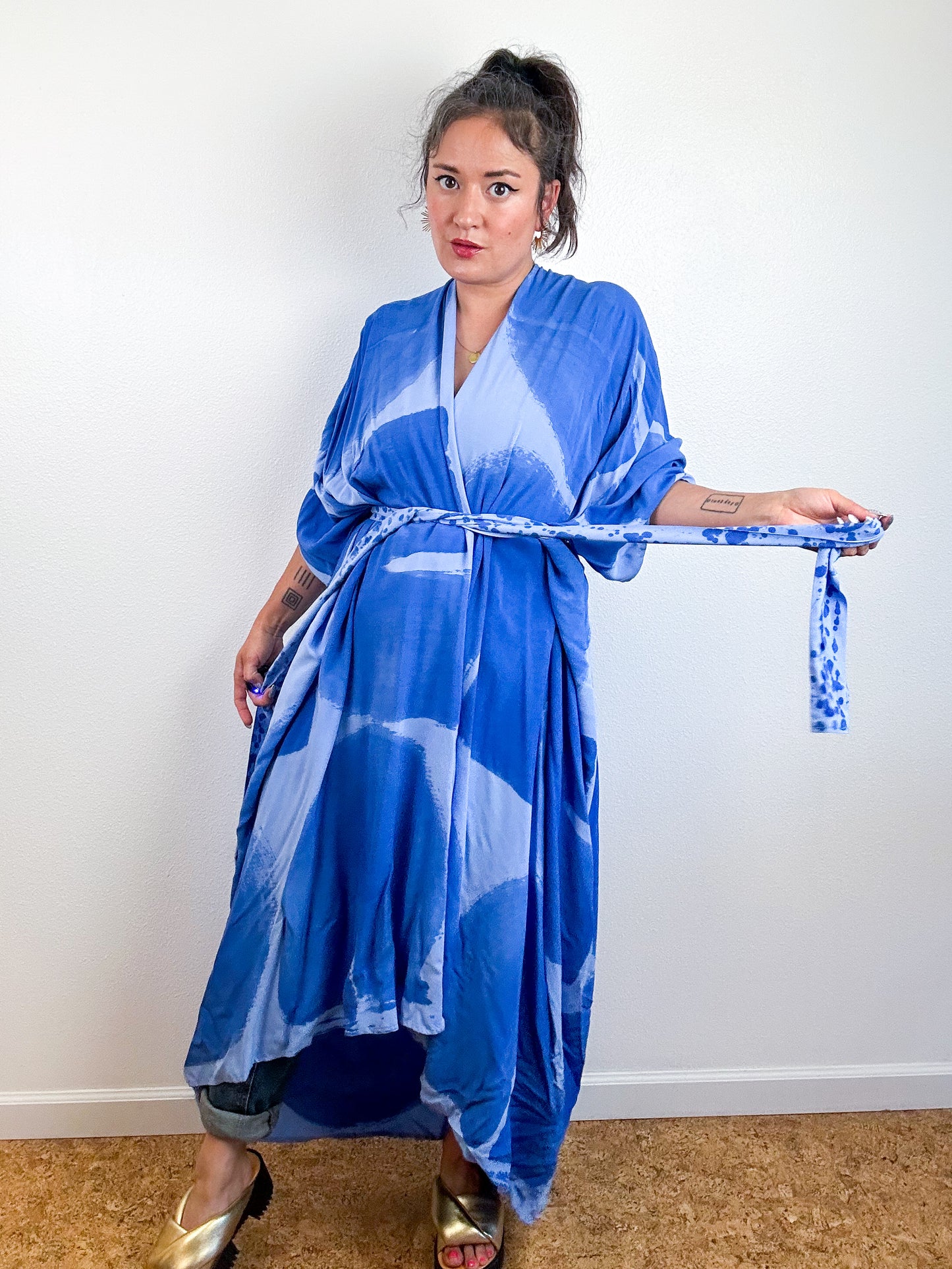 Hand-Dyed High Low Kimono Cornflower Blue Arc