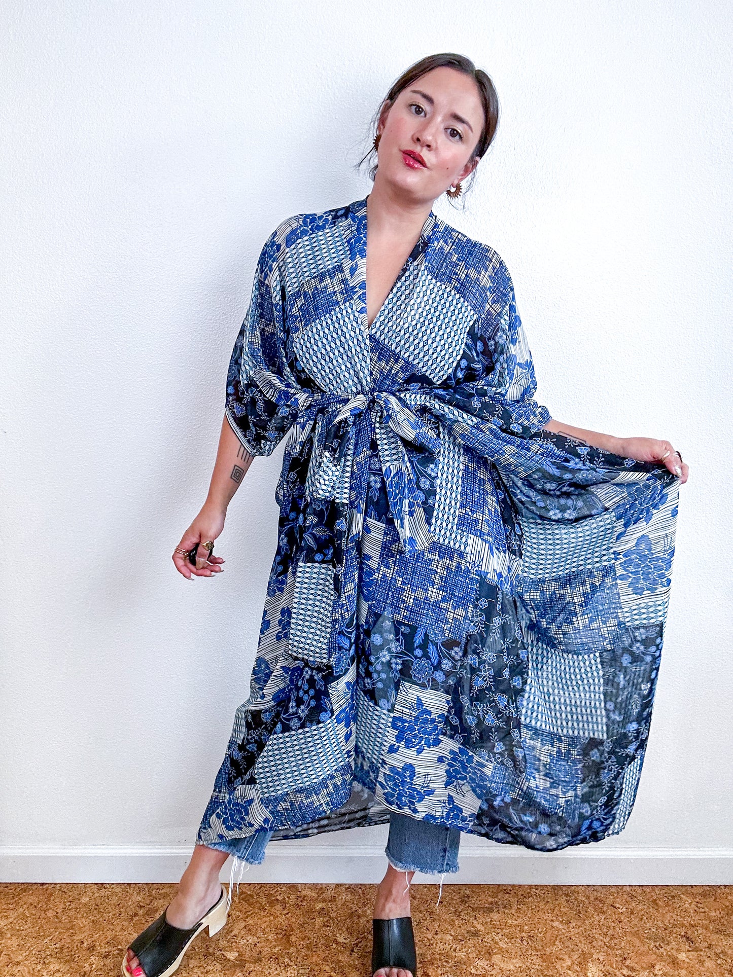 Print High Low Kimono Navy Patchwork Crinkle Chiffon