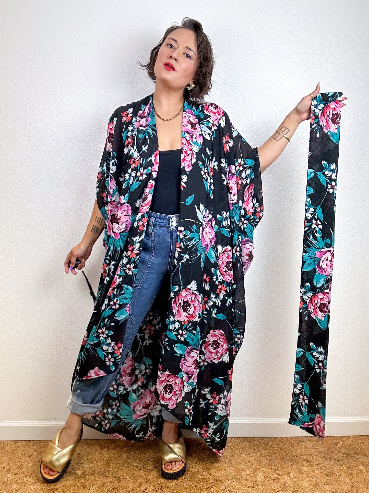 Print High Low Kimono Black Pink Floral Chiffon