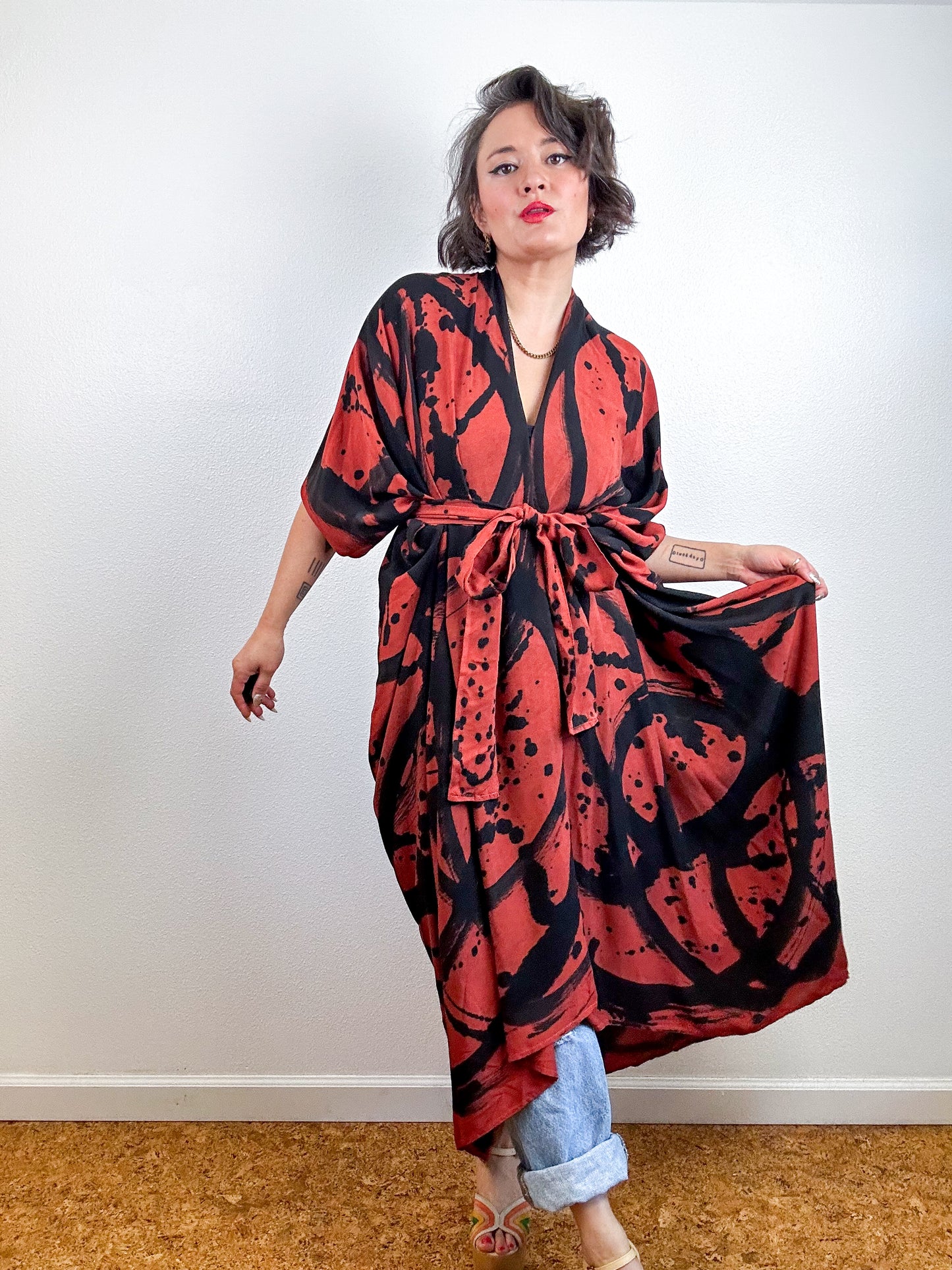 Hand-Dyed High Low Kimono Rust Black Sumi