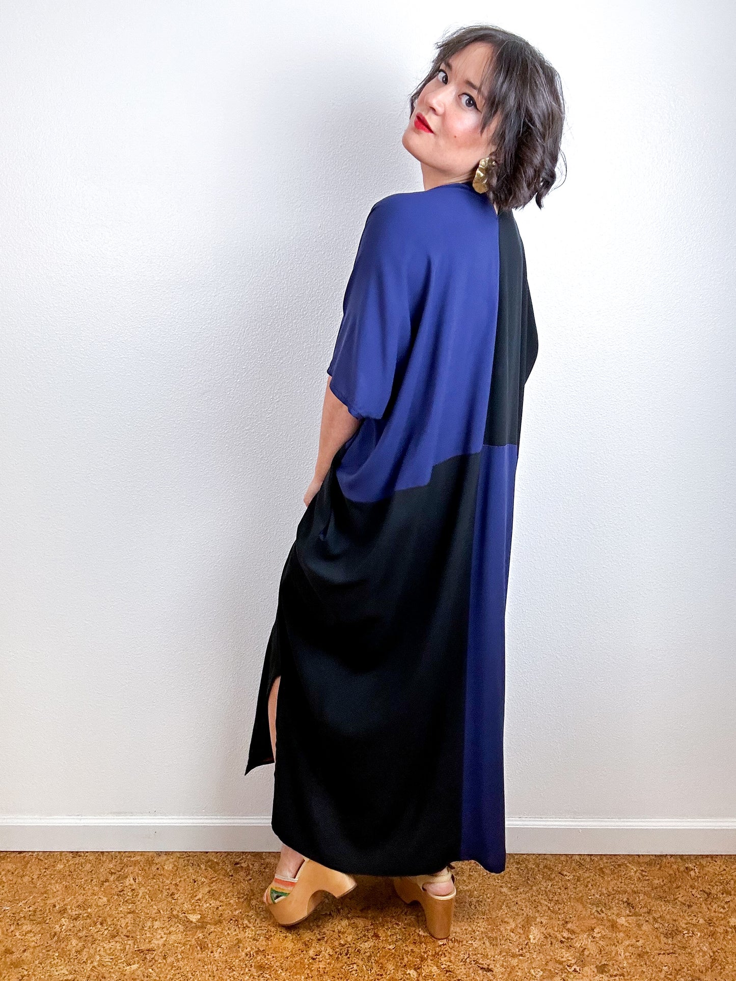 Color Block Midi Caftan Dress Navy Black