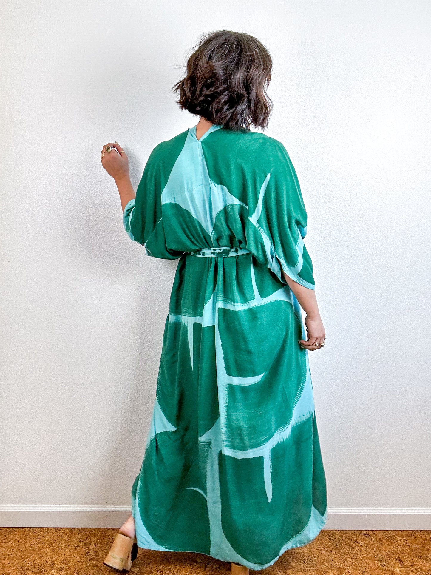 Hand-Dyed High Low Kimono Aqua Forest Brushstroke