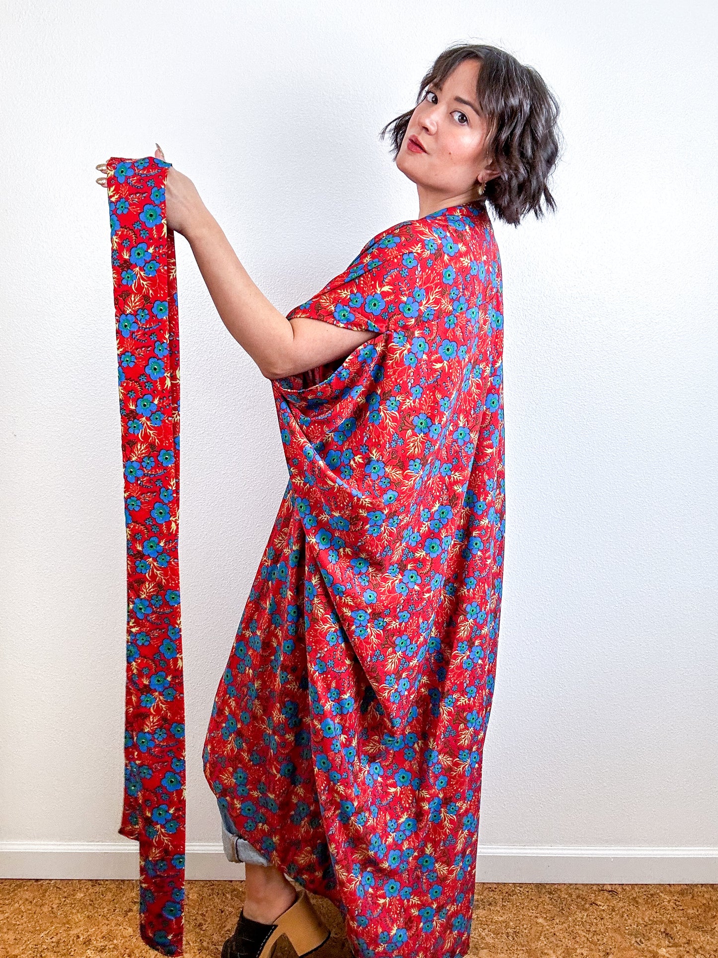 Print High Low Kimono Red Mini Floral Crepe de Chine