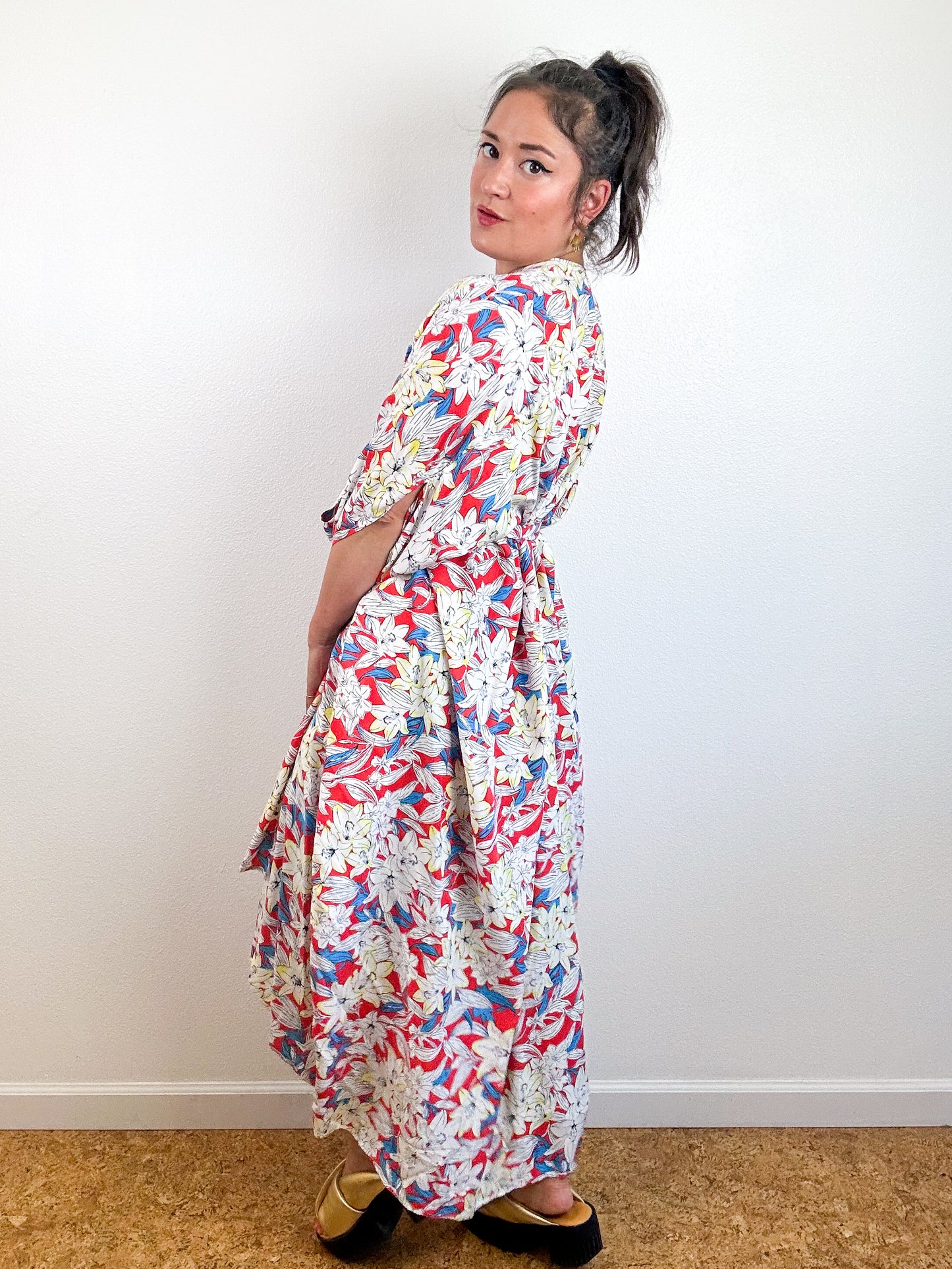 Print High Low Kimono Red White Tropical Challis