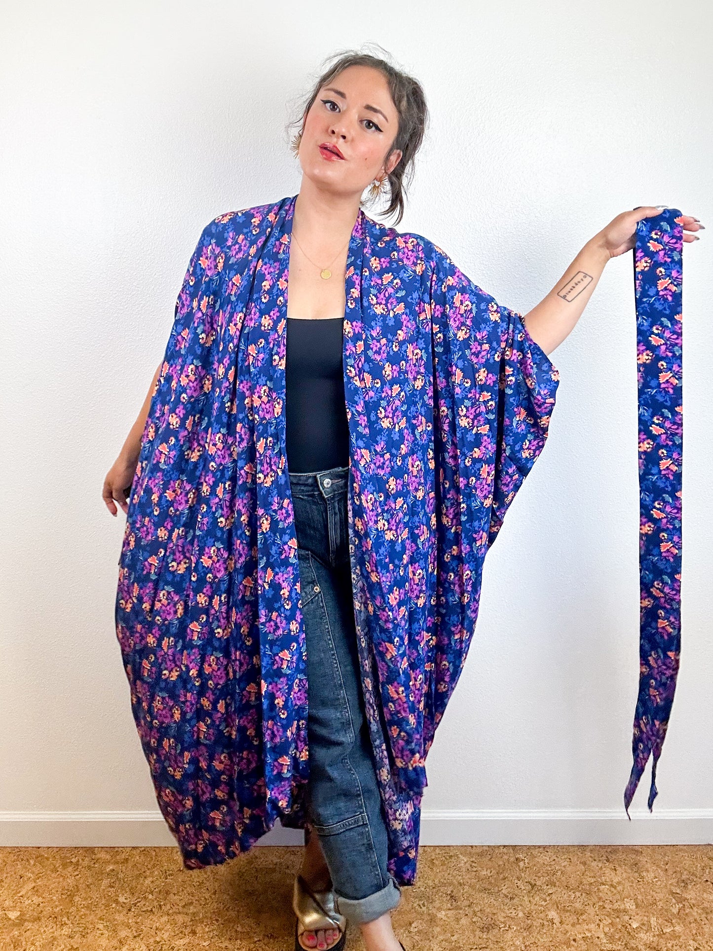 Print High Low Kimono Blue Magenta Floral Challis