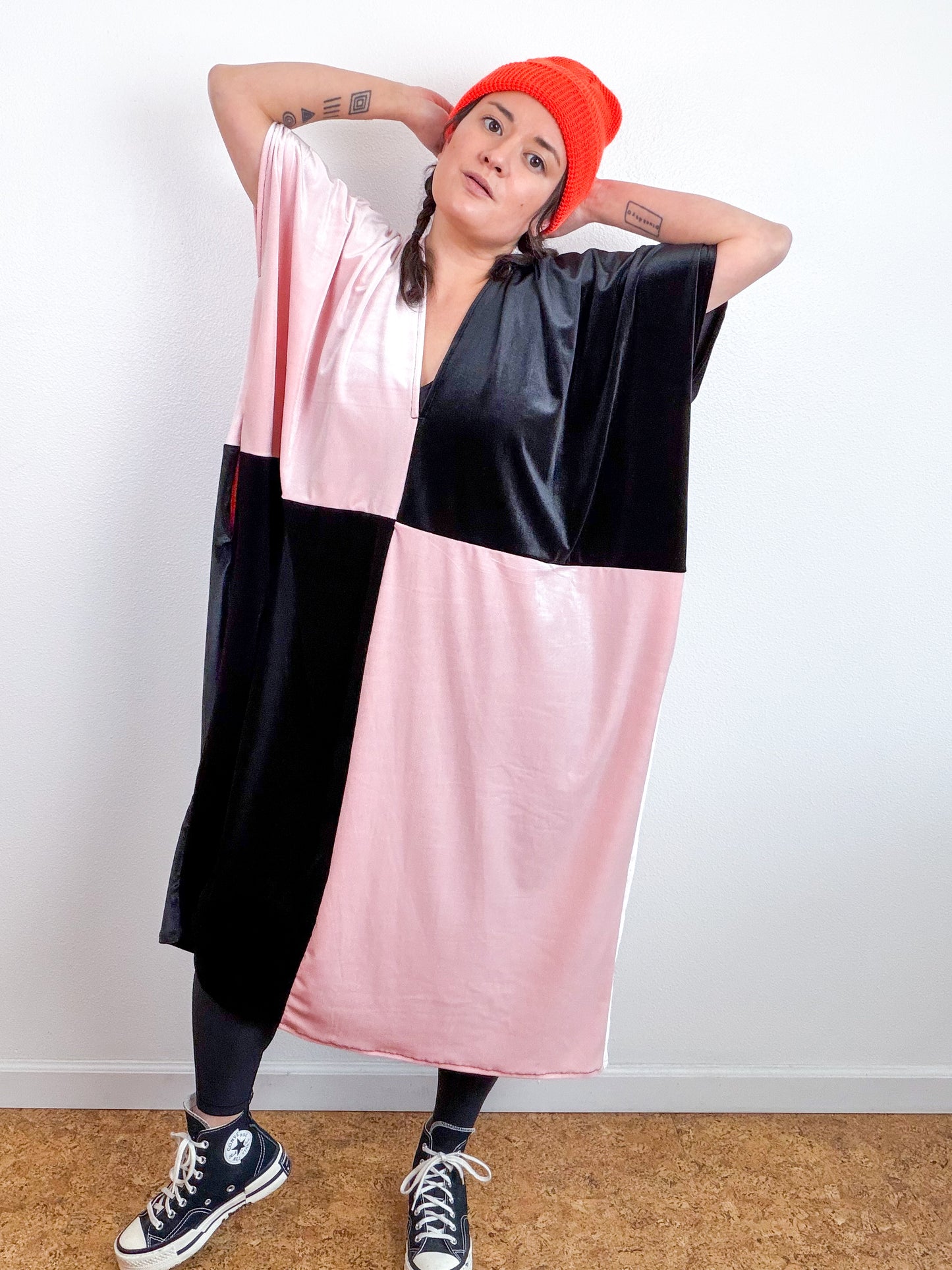 Velvet Caftan Dress Black Baby Pink Color Block