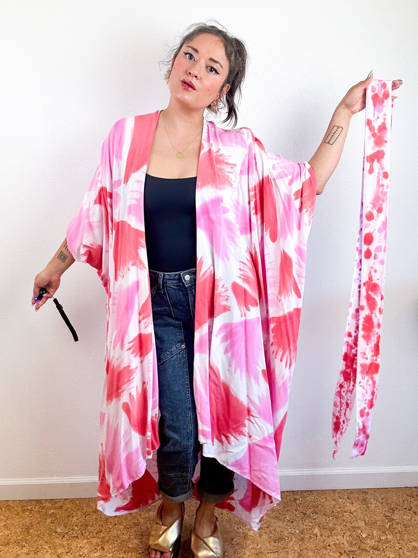 Hand-Dyed High Low Kimono Pink Scarlet Palms
