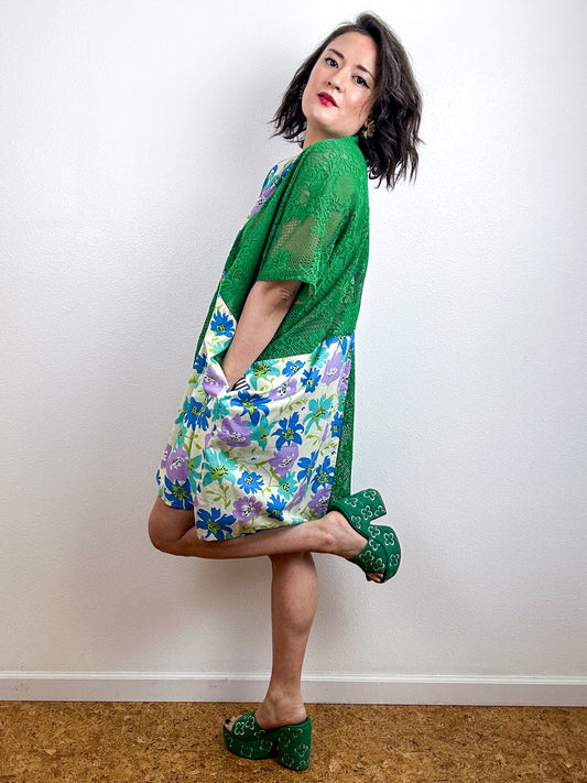 Color Block Mini Caftan Dress Green Lace Blue Floral