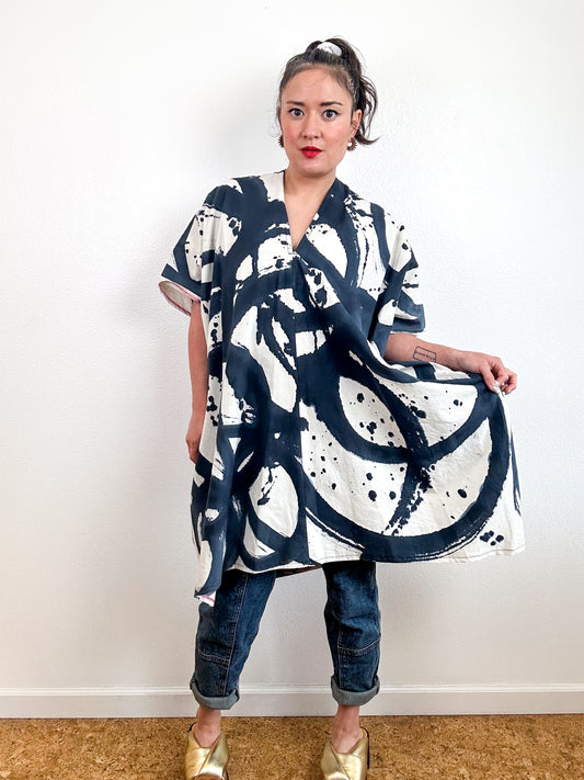 Hand-Dyed Mini Caftan Dress Ivory Sumi Cotton