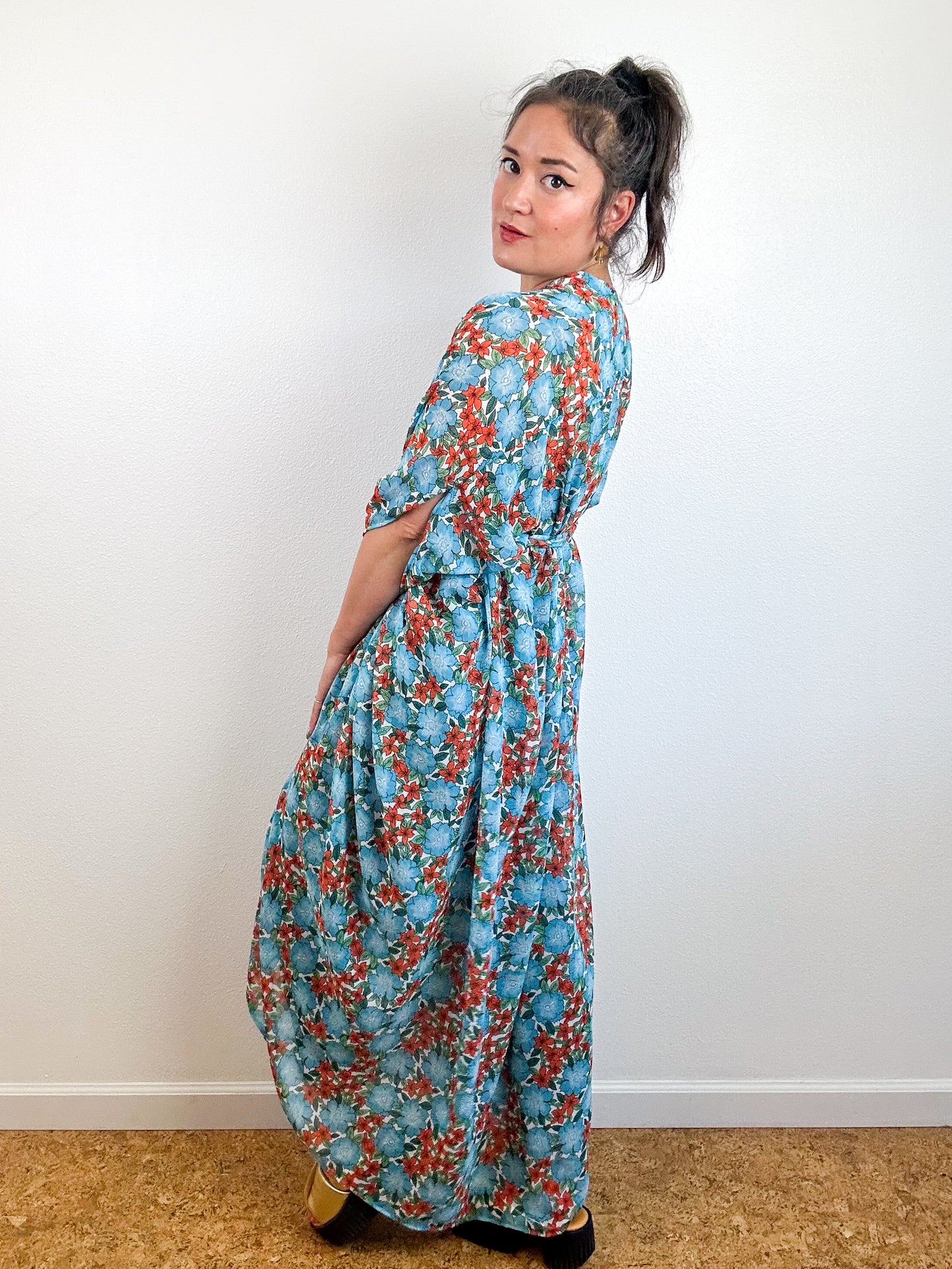Print High Low Kimono Turquoise Floral Chiffon