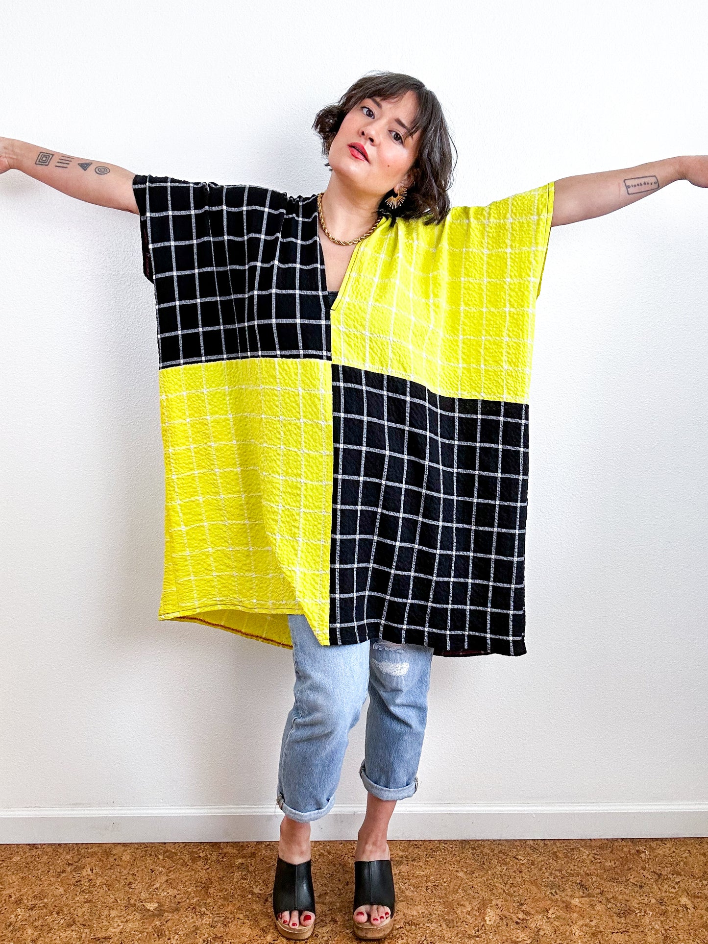 Oversized Windowpane Seersucker Smock Dress Black Citron
