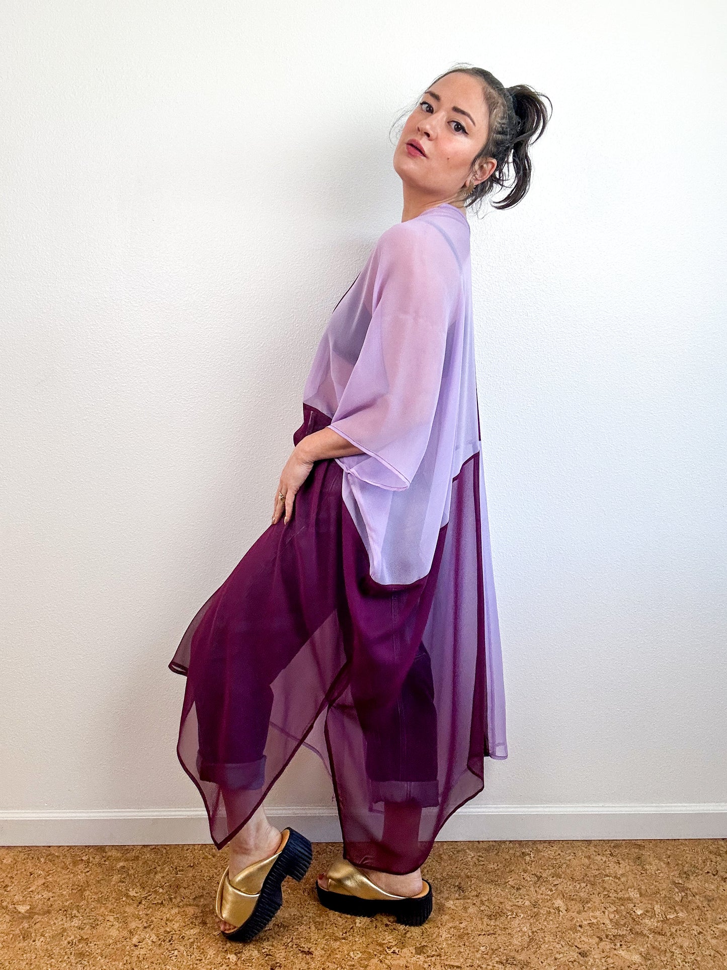 SILK Color Block Midi Caftan Dress Lavender Maroon