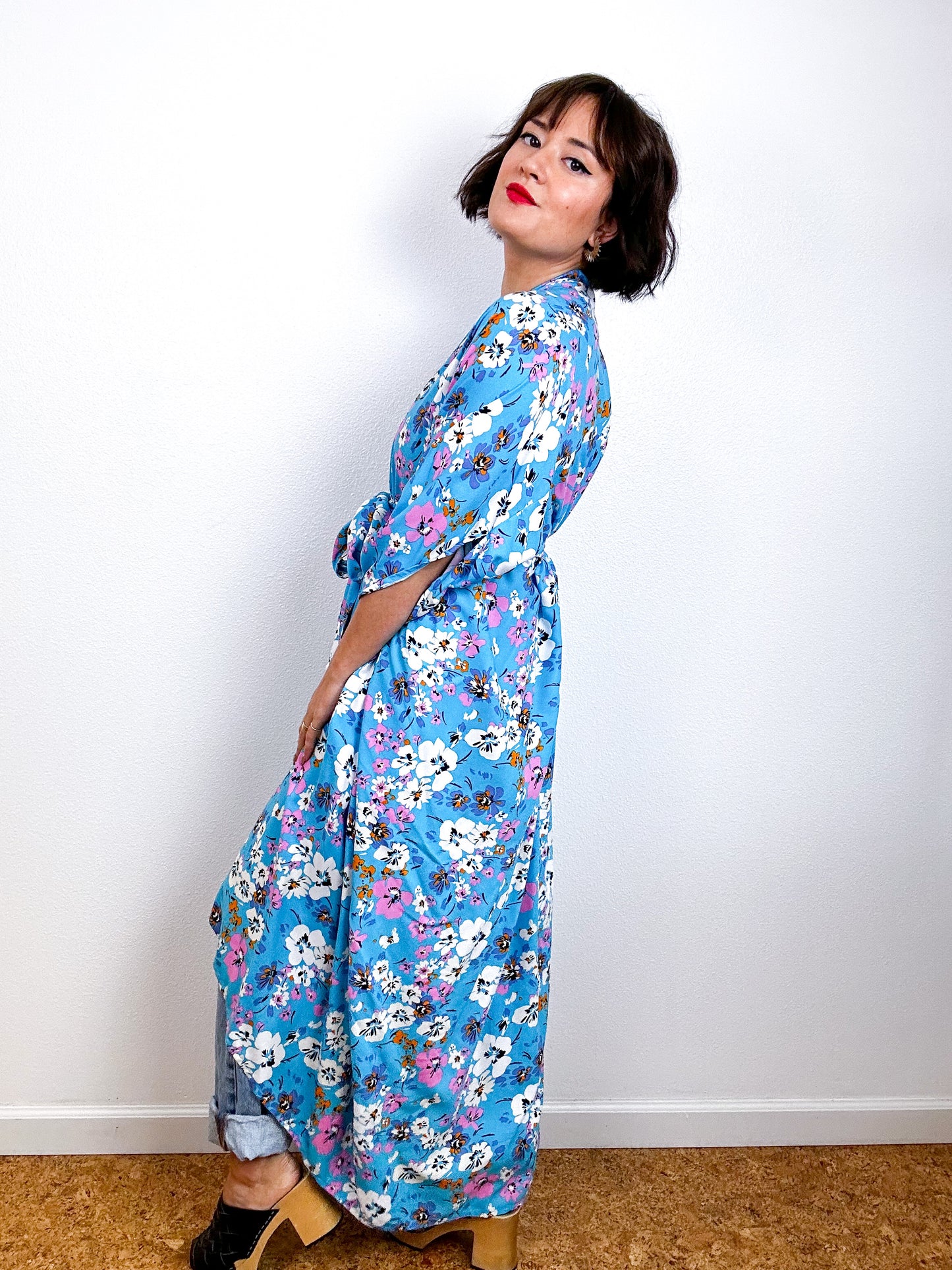 Print High Low Kimono Turquoise Floral Challis