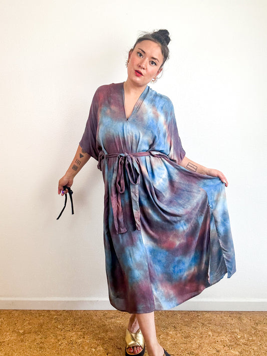 Hand-Dyed Bamboo Tie Caftan Terracotta Indigo Watercolor