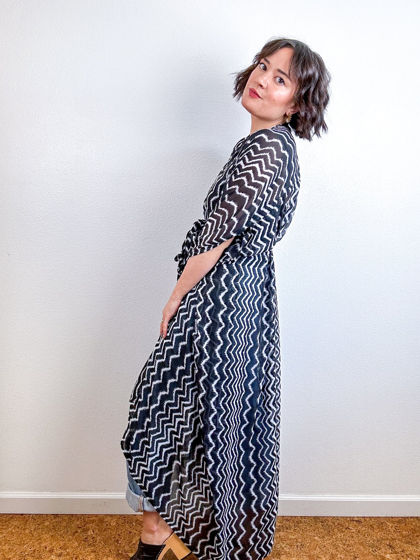 Print High Low Kimono Black White Zig Zag Chiffon