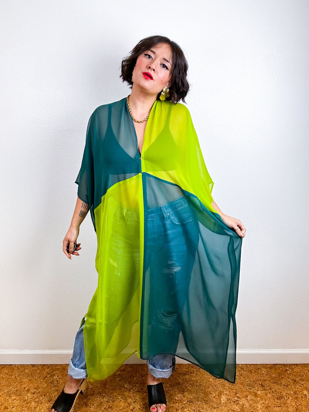 SILK Color Block Midi Caftan Dress Chartreuse Teal