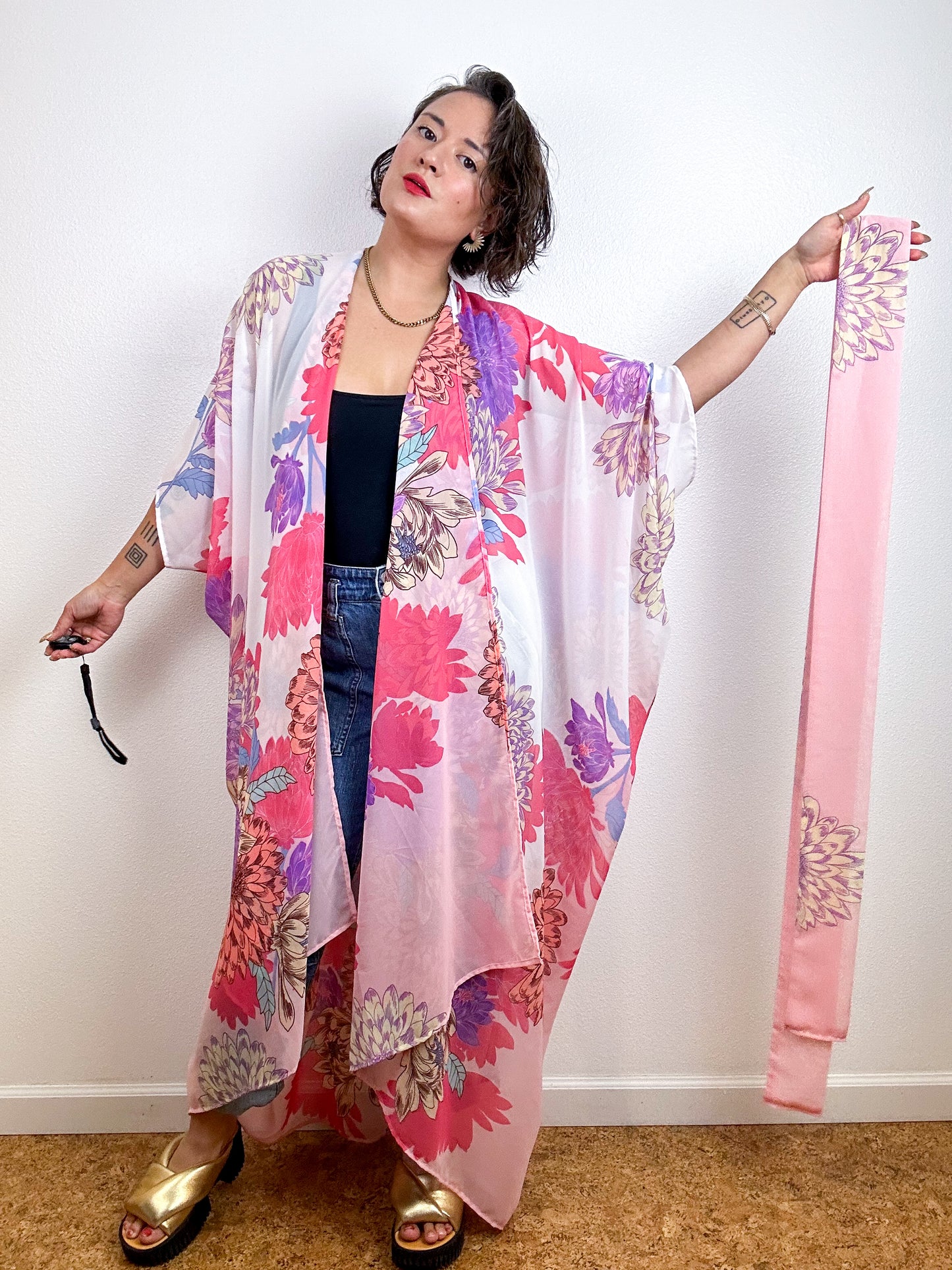 Print High Low Kimono Pink Chrysanthemum Chiffon