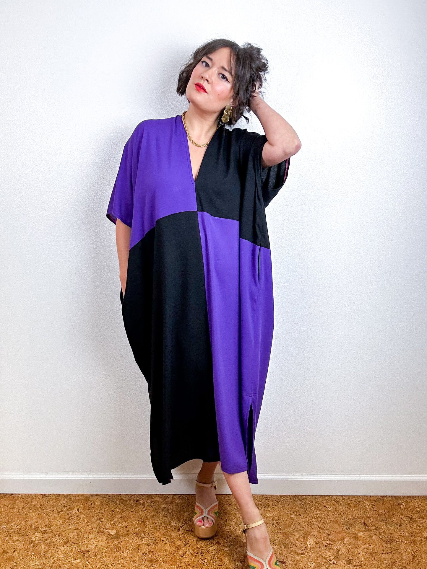 Color Block Midi Caftan Dress Purple Black