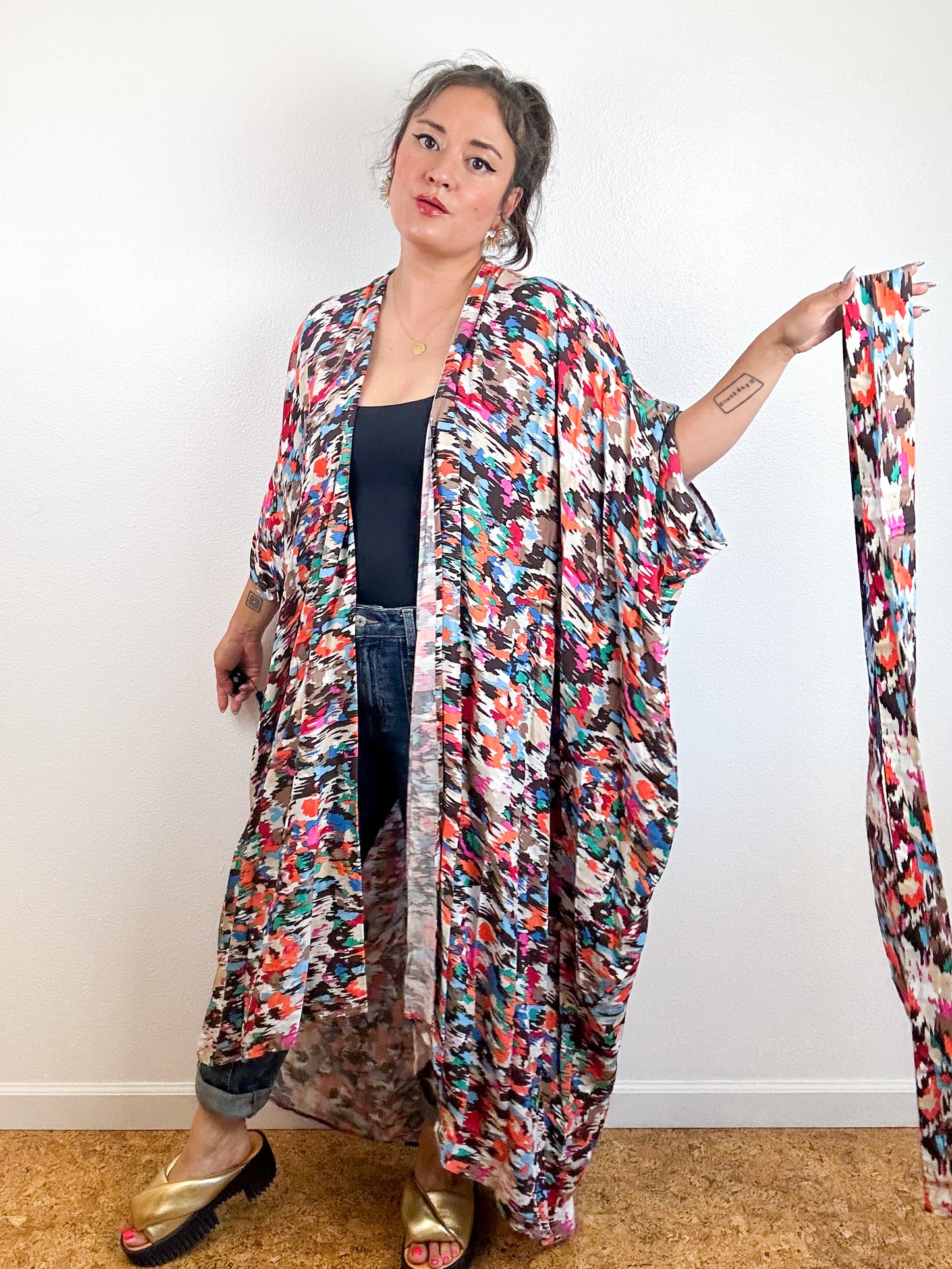 Print High Low Kimono Multicolor Splatter Challis
