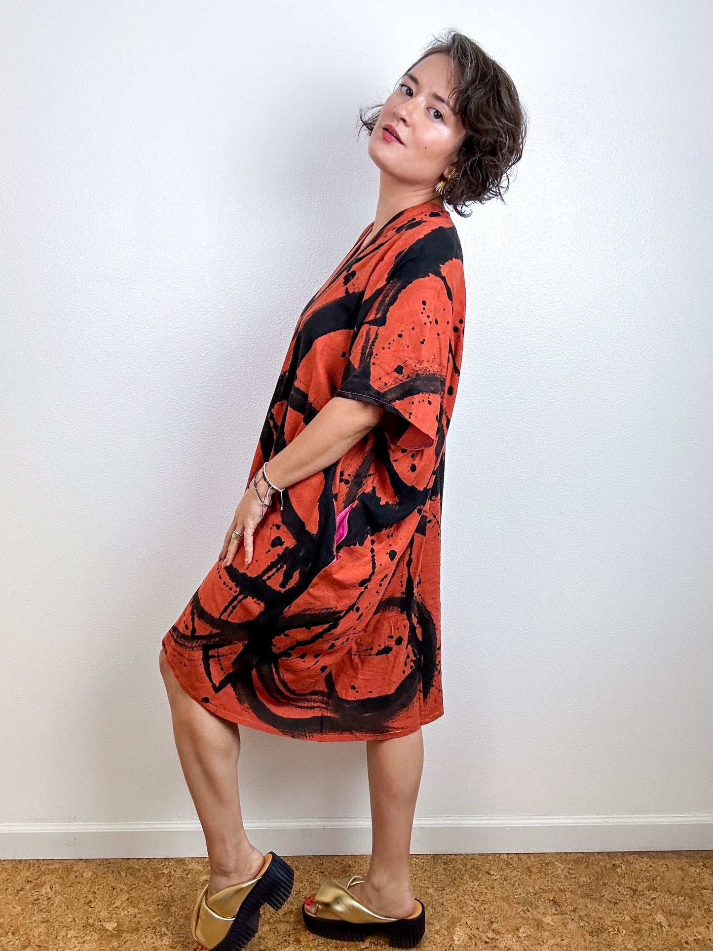 Oversized Hand-Dyed Linen Blend Smock Dress Rust Sumi