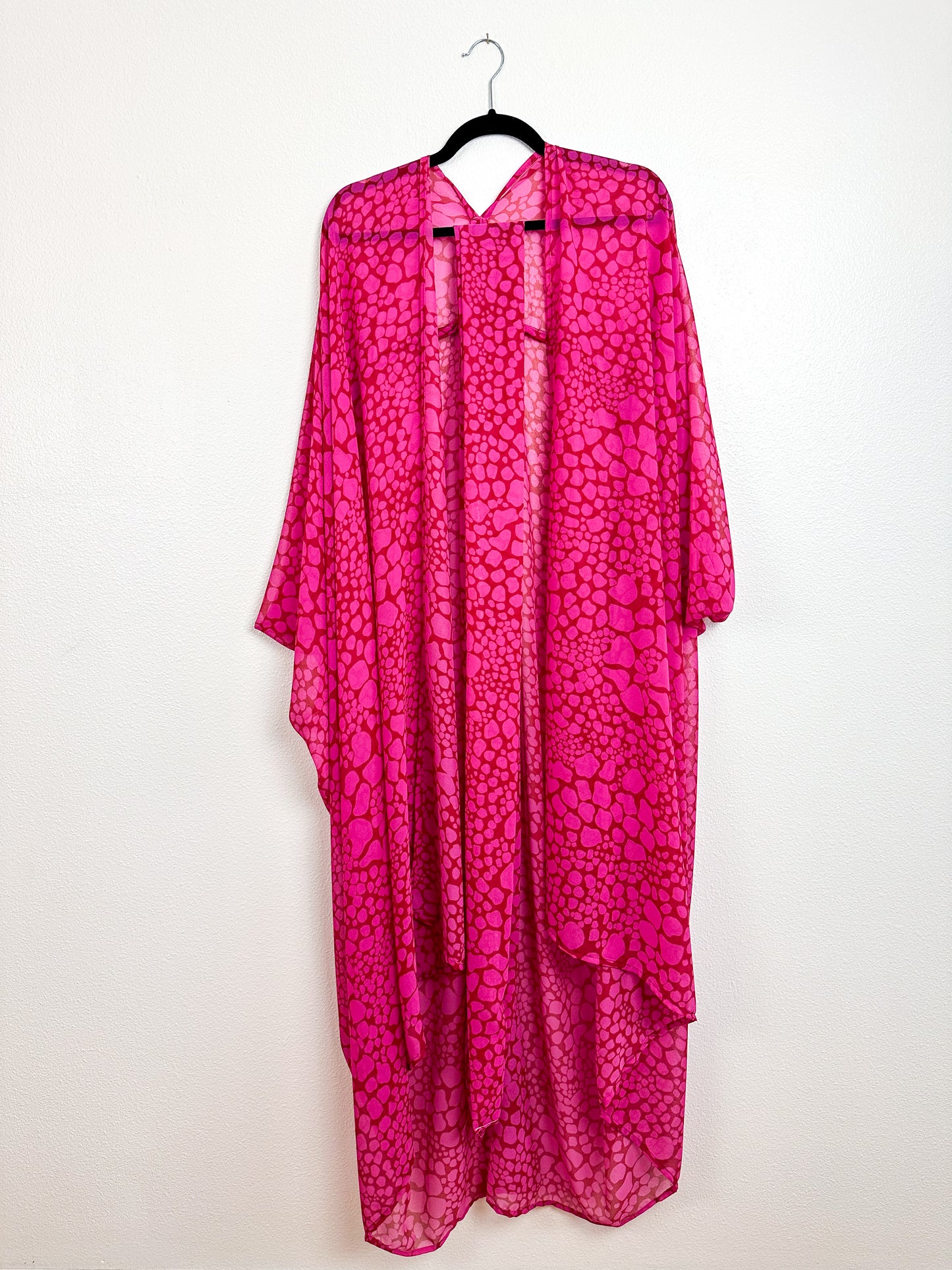 Print High Low Kimono Fuchsia Red Pebbles Chiffon