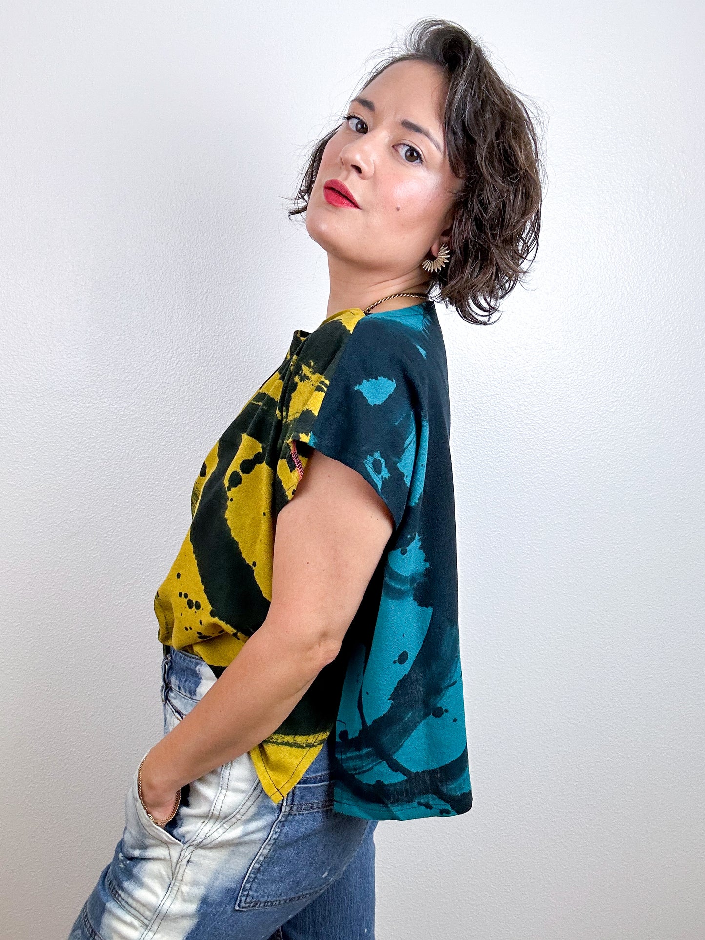 Hand-Dyed Linen Blend Flip Crop Teal Brass Sumi