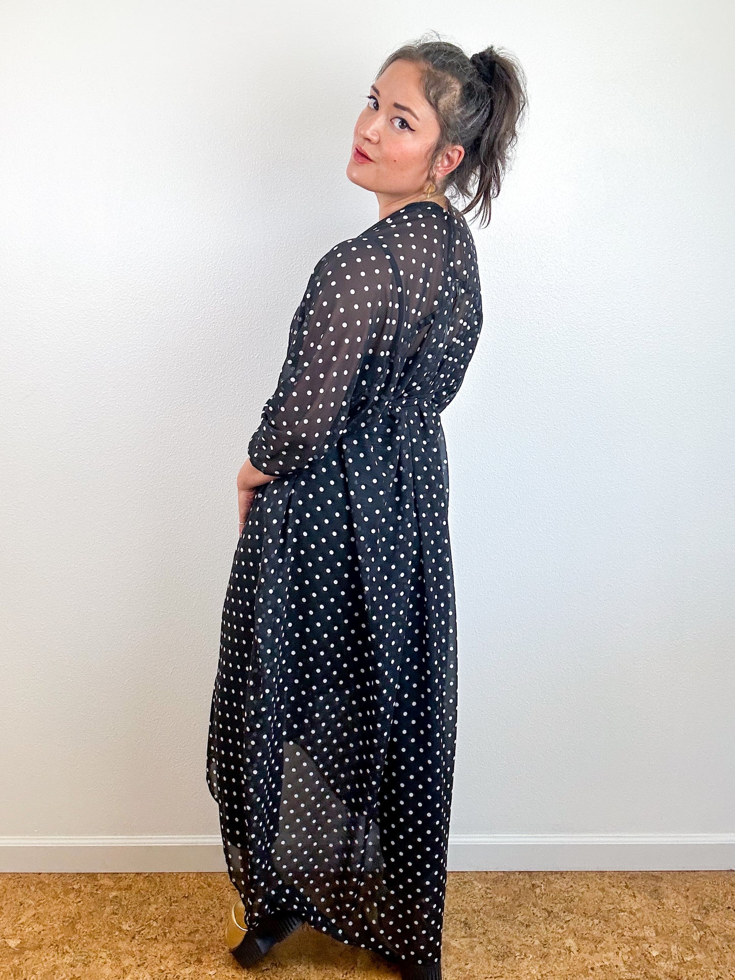Print High Low Kimono Black Polka Dots Chiffon