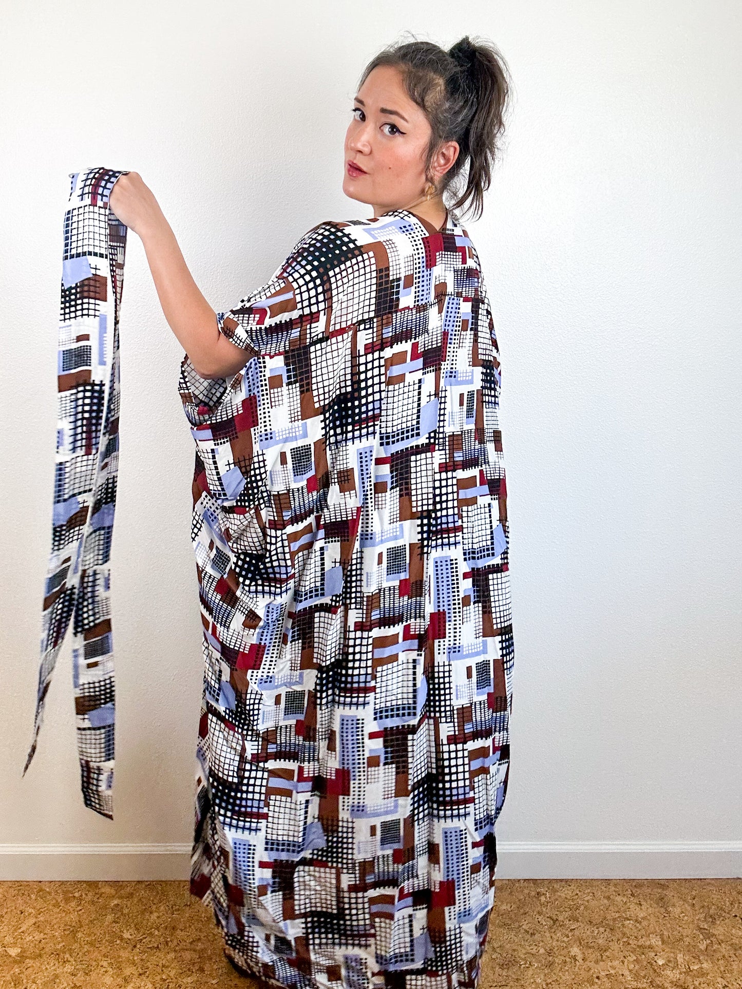 Print High Low Kimono Blue Maroon Grid Challis