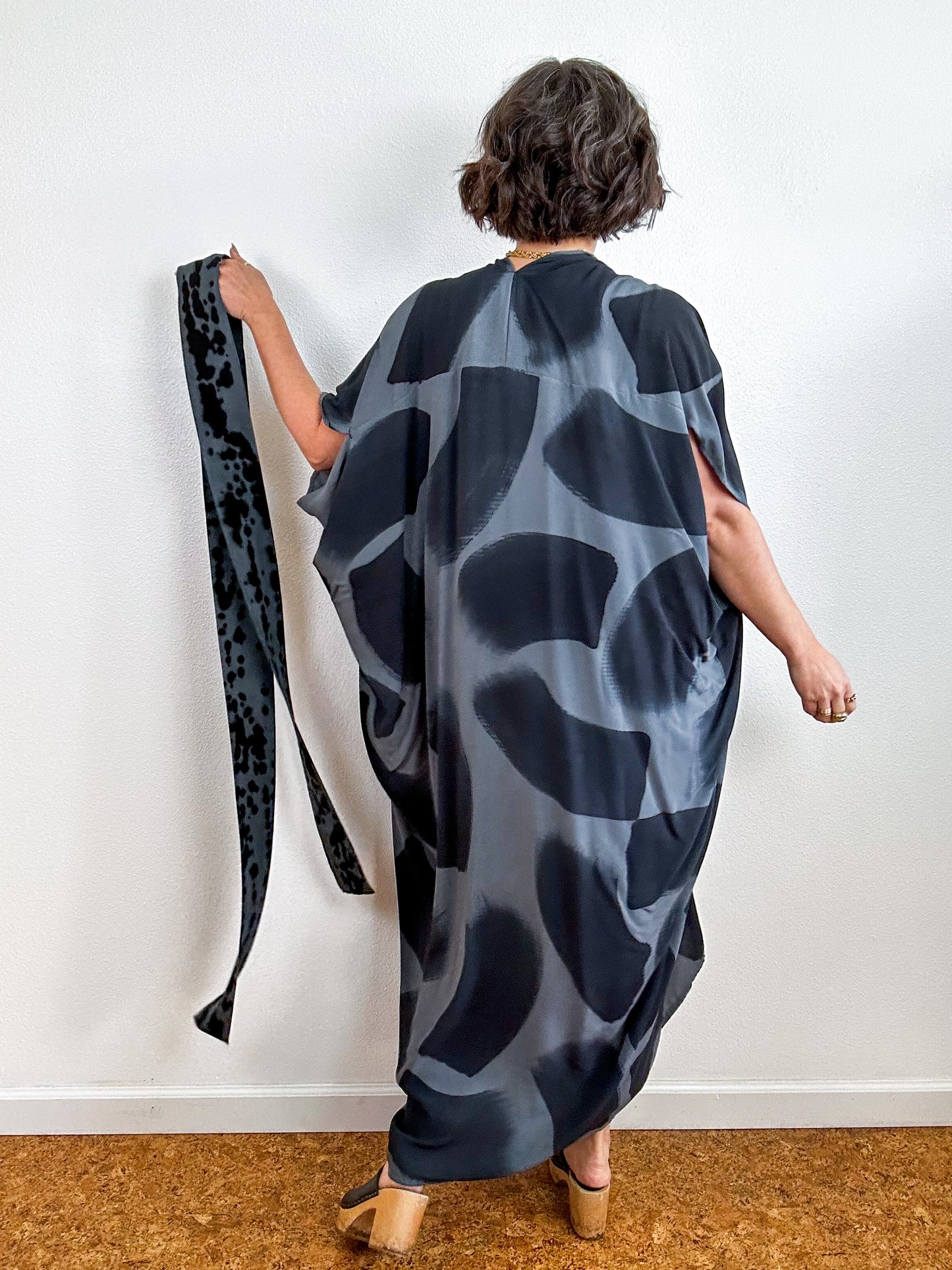 Hand-Dyed High Low Kimono Charcoal Black Brush